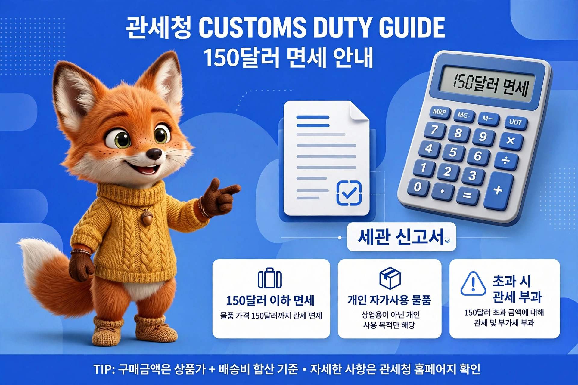 귀여운 여우 캐릭터가 등장하는 이미지로, 관세청의 150달러 면세 안내와 관련된 정보가 담겨 있습니다. 세관 신고서와 계산기가 함께 있어 면세 기준과 개인 자가용 물품에 대한 설명이 포함되어 있습니다.