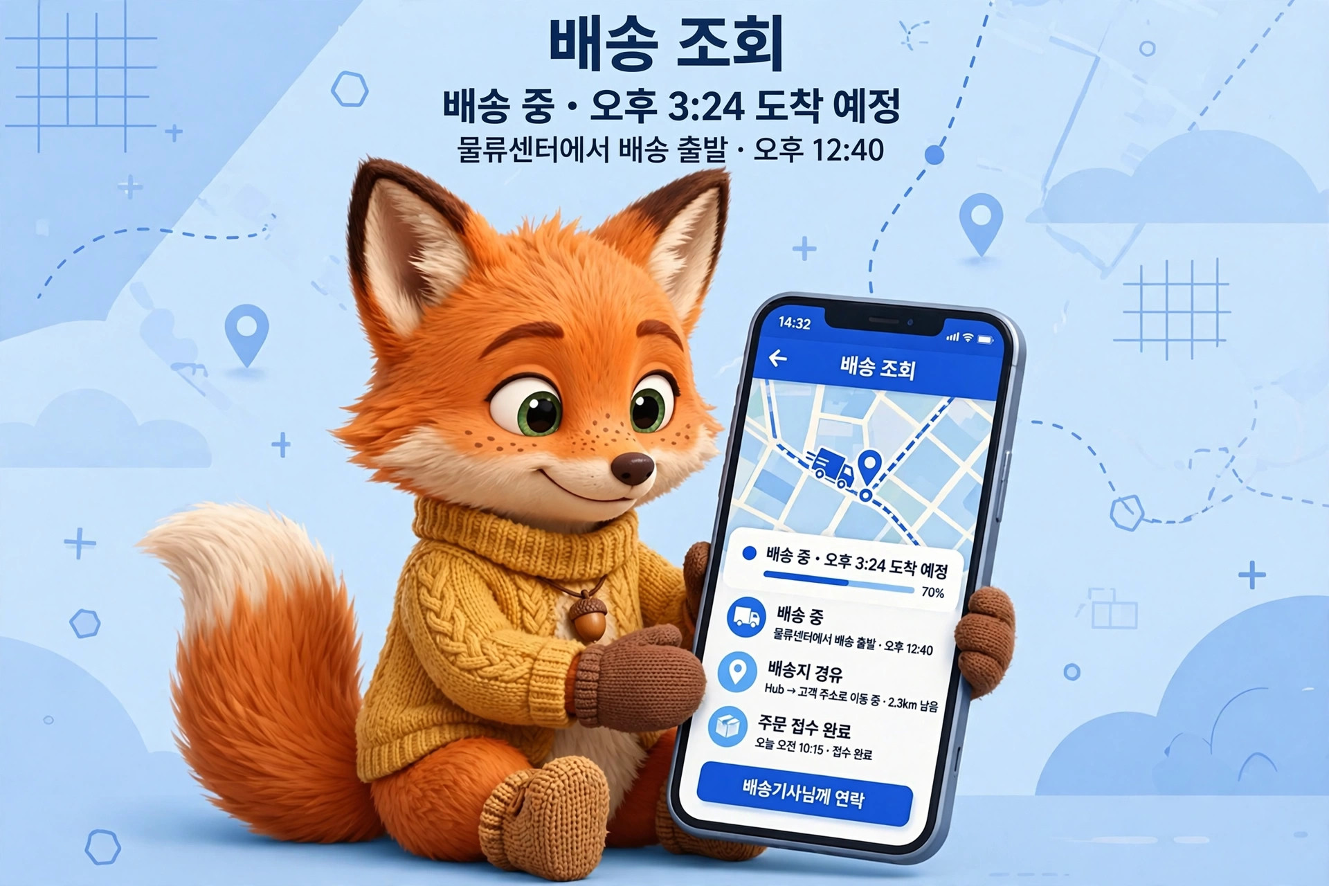 주황색 여우 캐릭터가 스마트폰을 들고 있는 이미지로, 배달 상태를 확인하는 화면이 보인다. 화면에는 "배송 중 · 오후 3:24 도착 예정"과 "물류센터에서 배송 출발 · 오후 12:40" 등의 정보가 표시되어 있다. 배경은 파란색으로, 배달 위치를 나타내는 아이콘이 포함되어 있다.