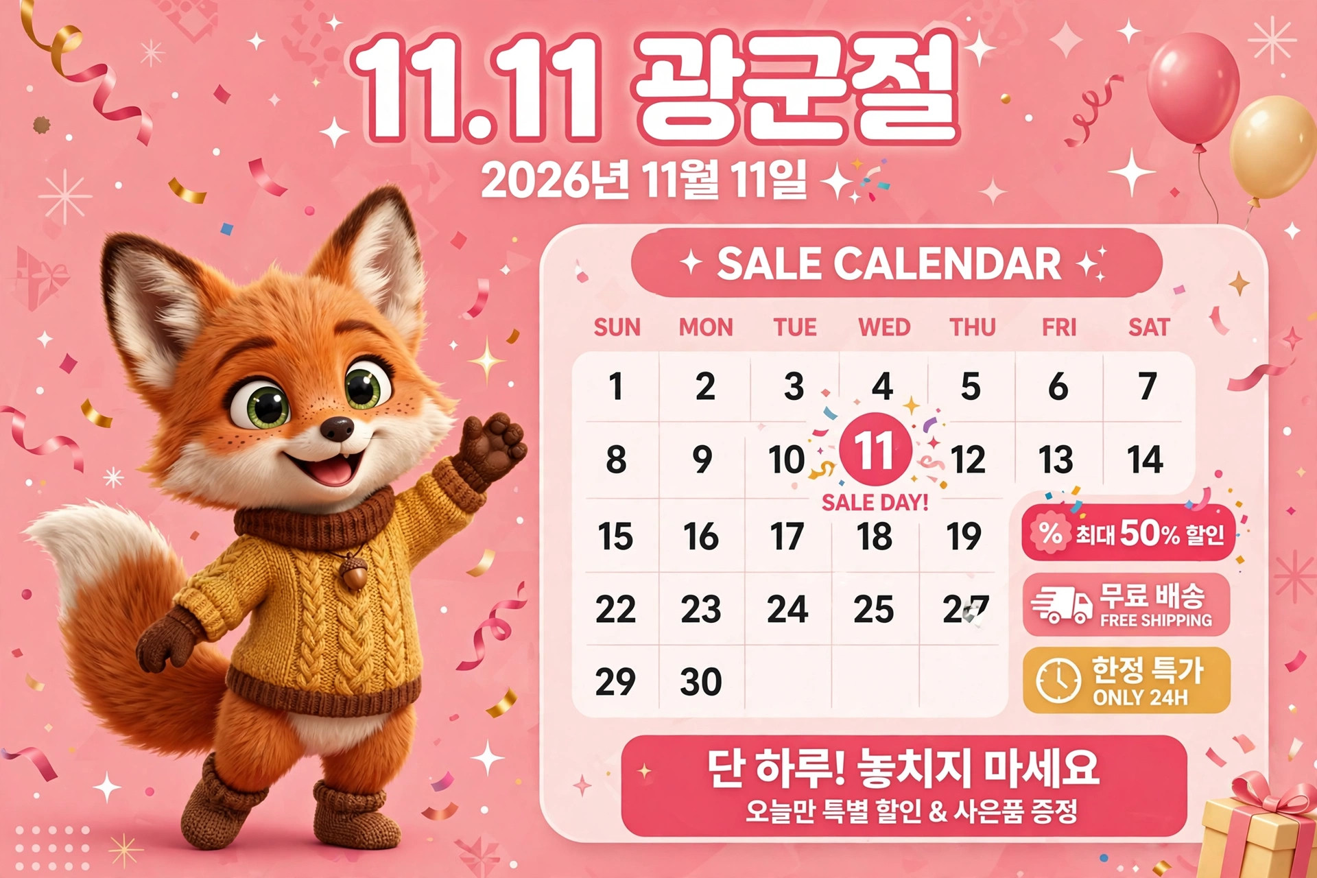 2026년 11월 11일 11.11 광군절 세일 일정이 포함된 캘린더 이미지로, 귀여운 여우 캐릭터가 노란 스웨터를 입고 손을 흔들며 기뻐하고 있는 모습. 최대 50% 할인, 무료 배송 및 한정 특가 안내.