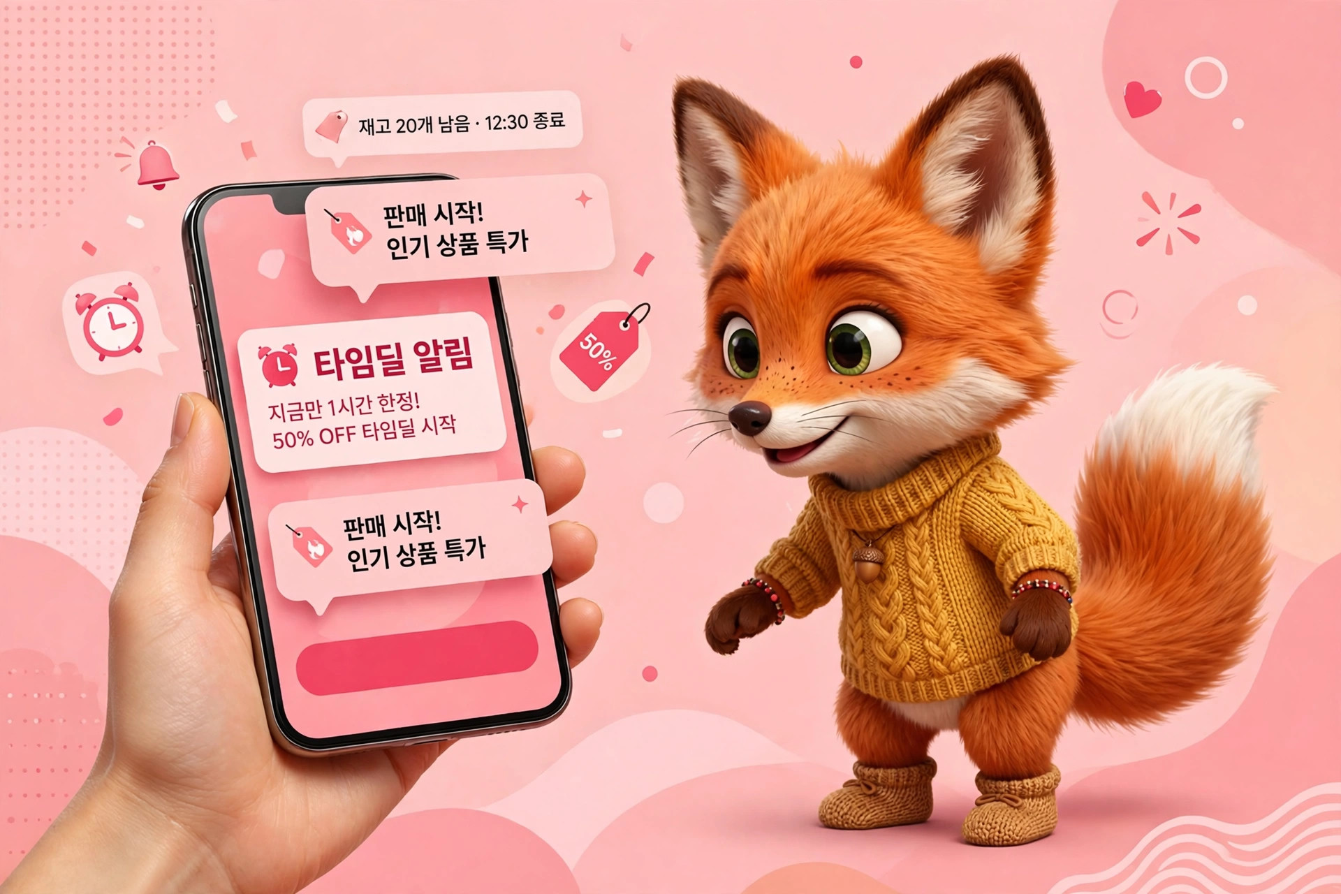 귀여운 여우 캐릭터가 핑크색 배경에서 스마트폰을 들고 있는 이미지. 화면에는 50% 할인과 타임딜 알림이 표시되어 있으며, 판매 시작을 알리는 메시지가 포함되어 있다.