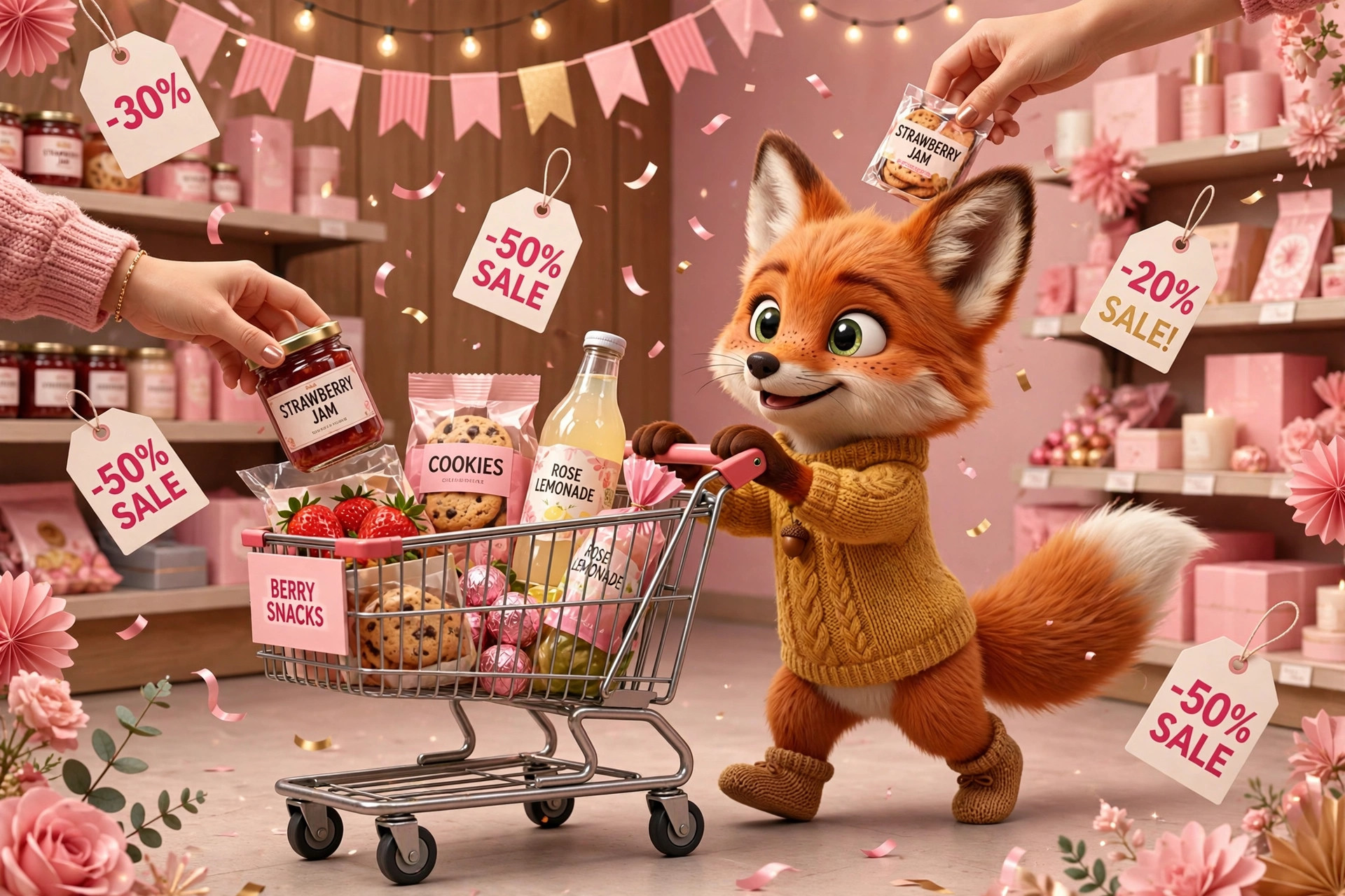 귀여운 여우 캐릭터가 장바구니를 끌고 있으며, 장바구니에는 딸기잼, 쿠키, 장미 레모네이드, 과일 등이 담겨 있다. 배경은 핑크색 장식과 세일 태그로 꾸며져 있으며, 할인율이 적힌 태그들이 여러 개 보인다.