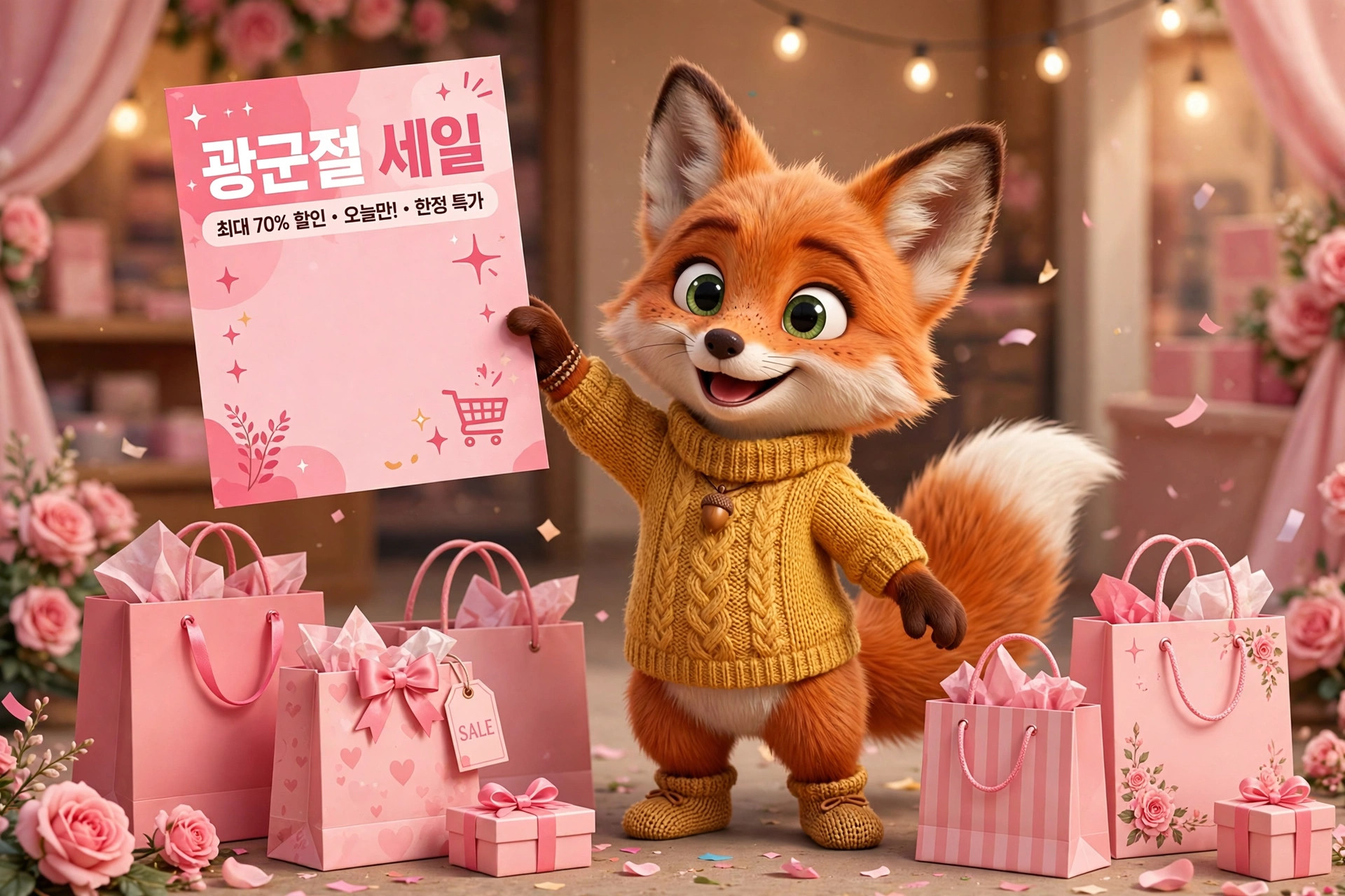 귀여운 여우 캐릭터가 노란 스웨터를 입고 핑크색 세일 포스터를 들고 있는 모습. 배경에는 핑크색 선물 상자와 장미꽃이 장식되어 있으며, 최대 70% 할인 및 특별 프로모션을 알리고 있다.