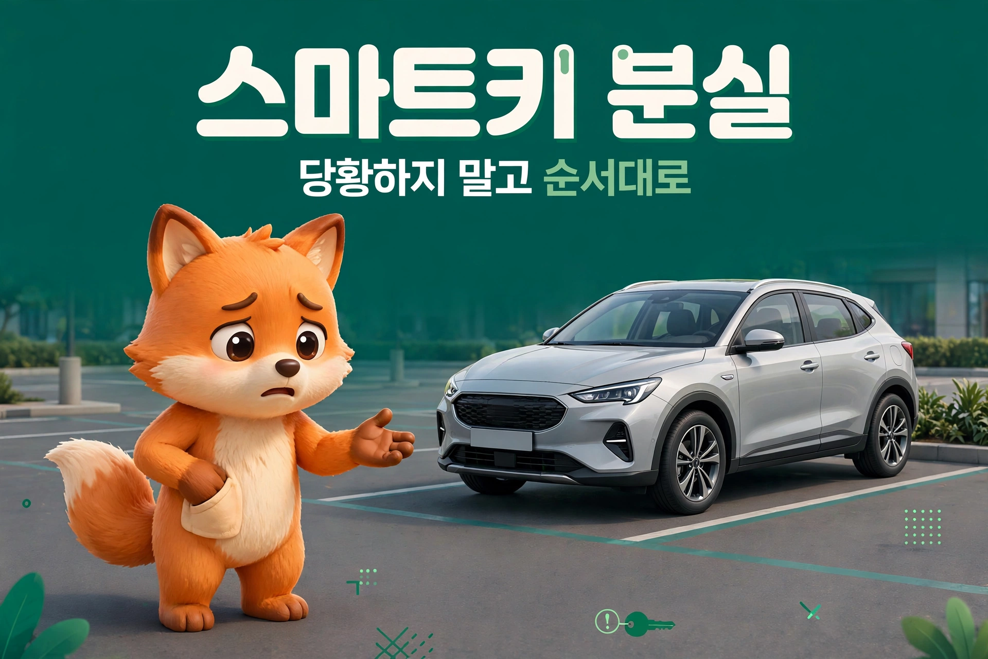 스마트키 분실 대처법 안내 — 스마트키와 여우 캐릭터