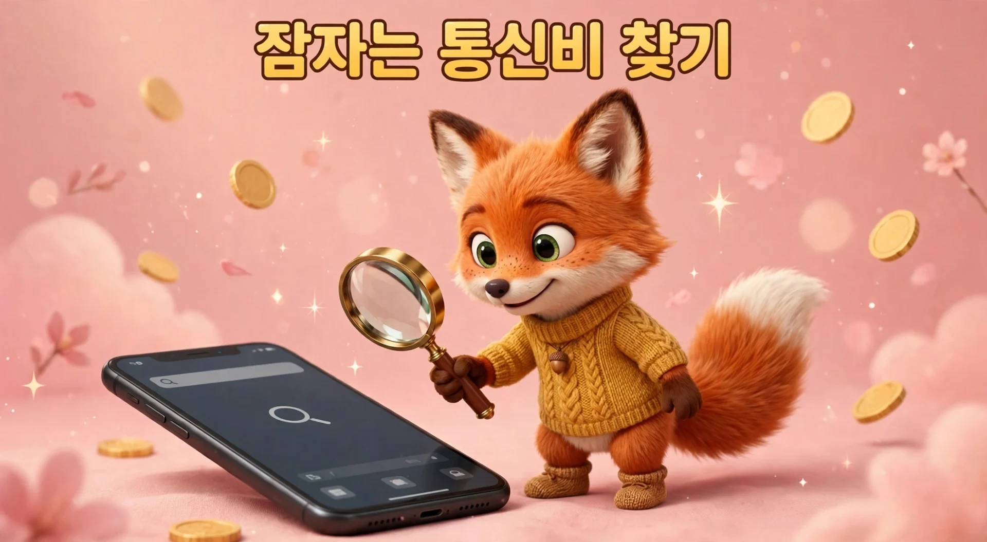 통신비 미환급금 조회 여우 캐릭터 돋보기 스마트폰