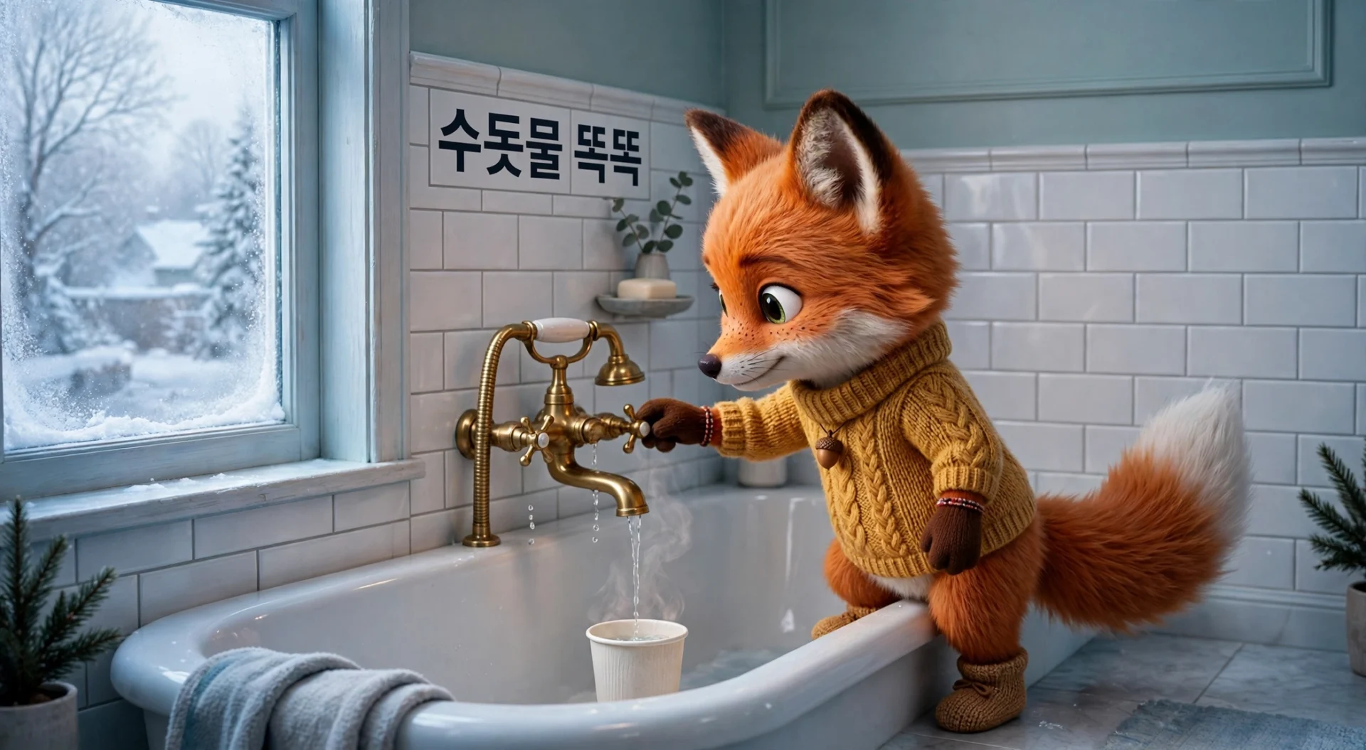 한파 때 수돗물 흘리기 — 욕조 수도꼭지에서 종이컵으로 떨어지는 물