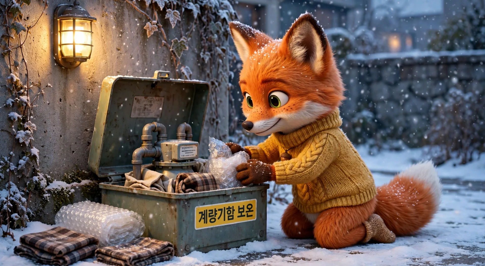 수도계량기함 보온 — 마른 보온재를 채우는 모습