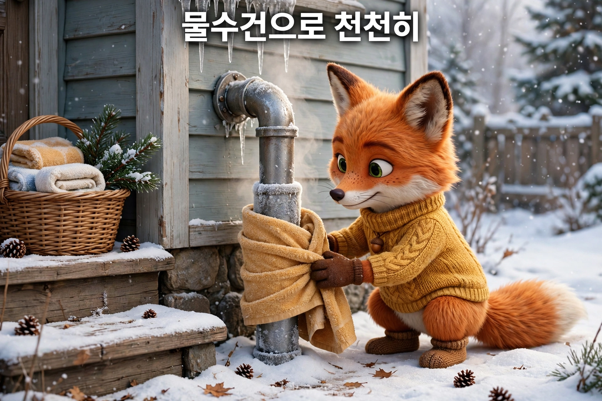 수도 얼었을 때 해동 — 따뜻한 물수건으로 배관을 천천히 녹이는 모습