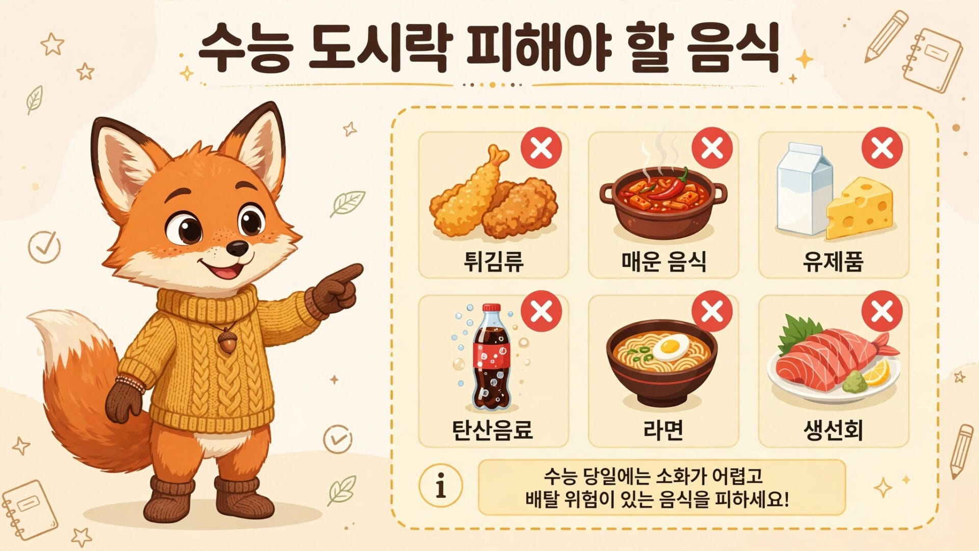 수능 도시락에 피해야 할 음식 목록으로, 튀김류, 매운 음식, 유제품, 탄산음료, 라면, 생선회가 포함된 이미지. 이 음식들은 소화에 어려움을 줄 수 있어 수험생에게 적합하지 않음.