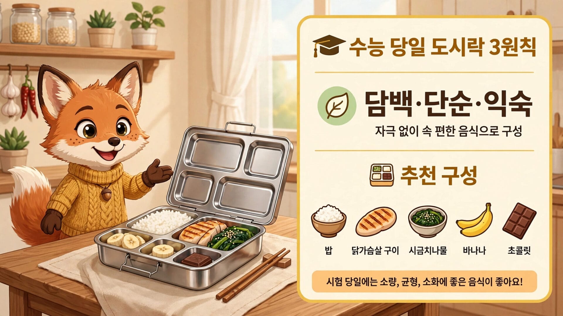 수능 당일 도시락 구성 예시, 담백하고 소화가 잘 되는 음식들로 구성된 도시락 메뉴. 밥, 닭가슴살 구이, 시금치나물, 바나나, 초콜릿이 포함된 모습.