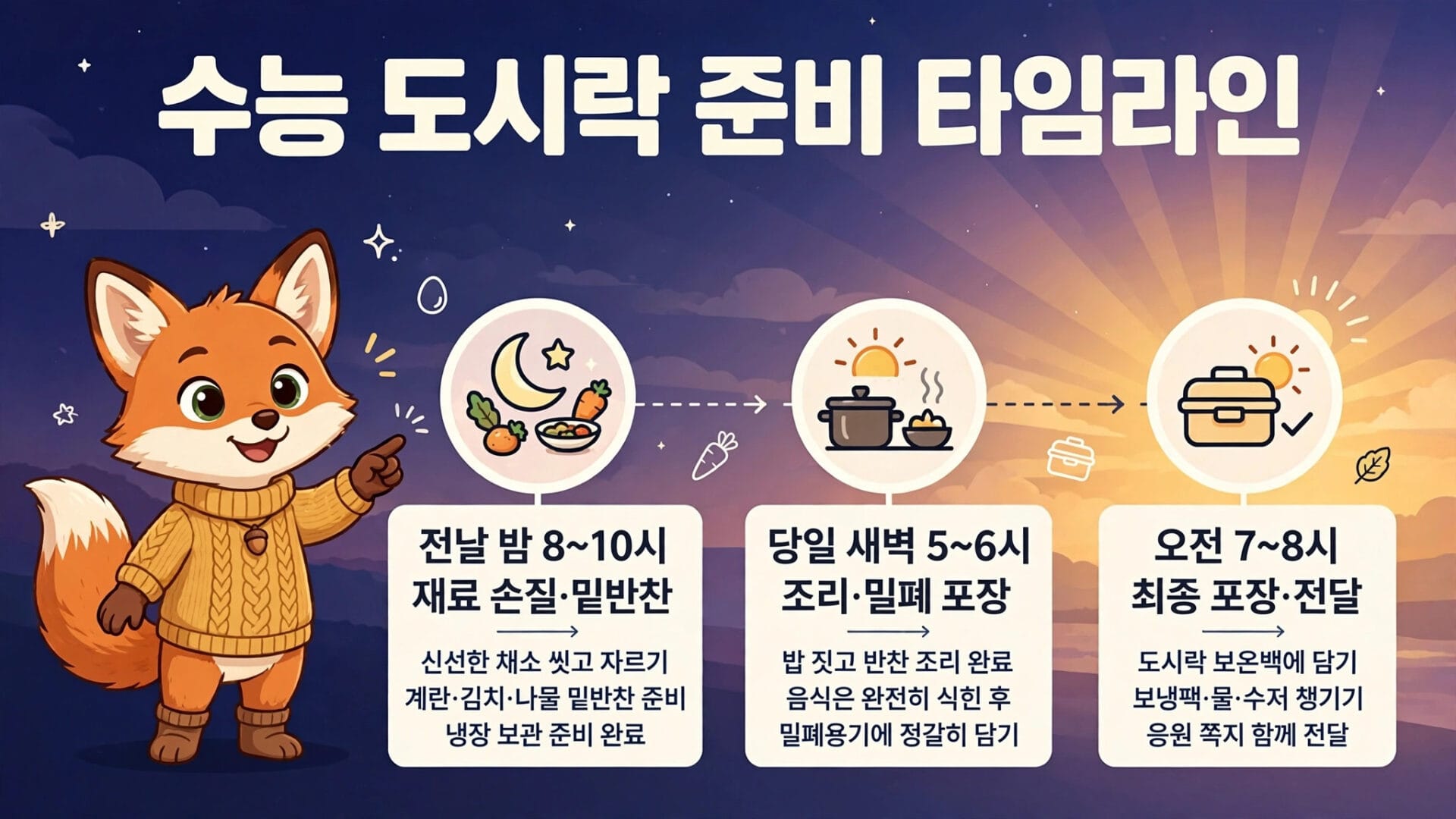 수능 도시락 준비 타임라인 이미지, 전날 밤 8~10시 재료 손질 및 밀반찬 준비, 당일 새벽 5~6시 조리 및 밀페 포장, 오전 7~8시 최종 포장 및 전달 과정 설명.