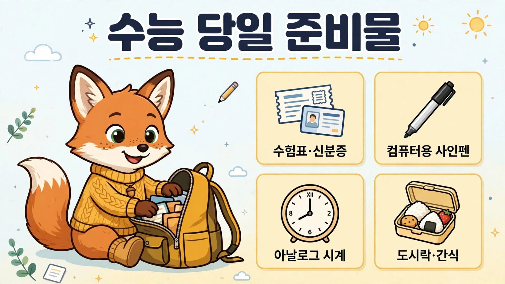 수능 준비물 리스트를 담고 있는 이미지로, 수험표와 신분증, 컴퓨터용 사인펜, 아날로그 시계, 도시락과 간식이 포함되어 있는 귀여운 여우 캐릭터가 배낭에서 준비물을 꺼내고 있는 모습.