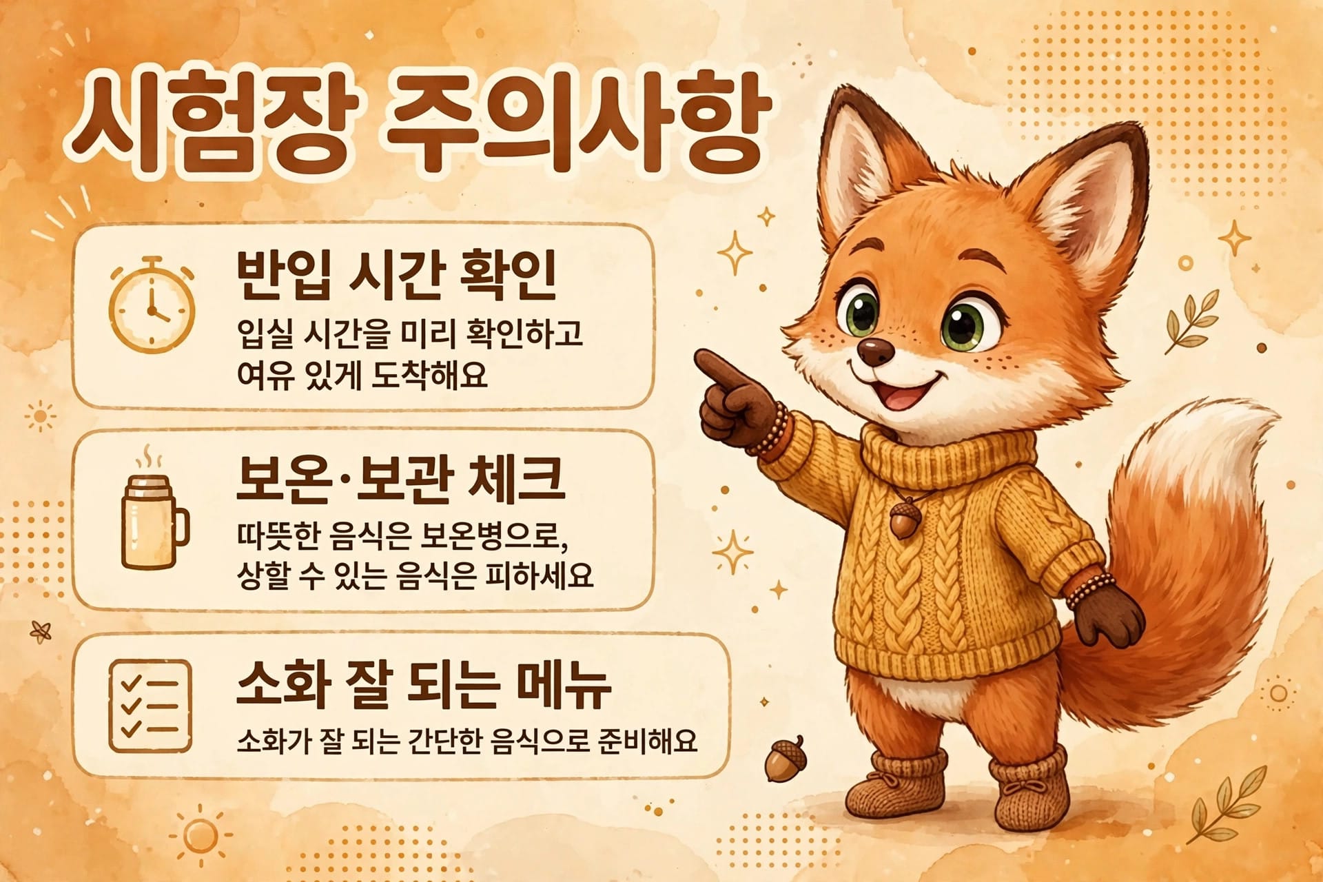 시험장 주의사항 안내 포스터, 입실 시간 확인, 보온·보관 체크, 소화 잘 되는 메뉴 정보 포함. 귀여운 여우 캐릭터와 따뜻한 색상으로 디자인됨.