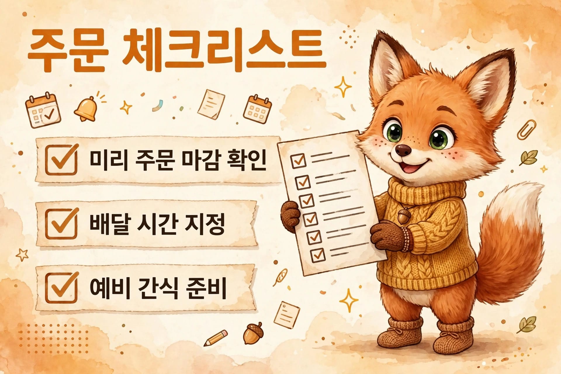 주문 체크리스트를 들고 있는 귀여운 여우 캐릭터. 체크리스트에는 미리 주문 마감 확인, 배달 시간 지정, 예비 간식 준비 항목이 포함되어 있으며, 배경은 부드러운 색조로 꾸며져 있다.