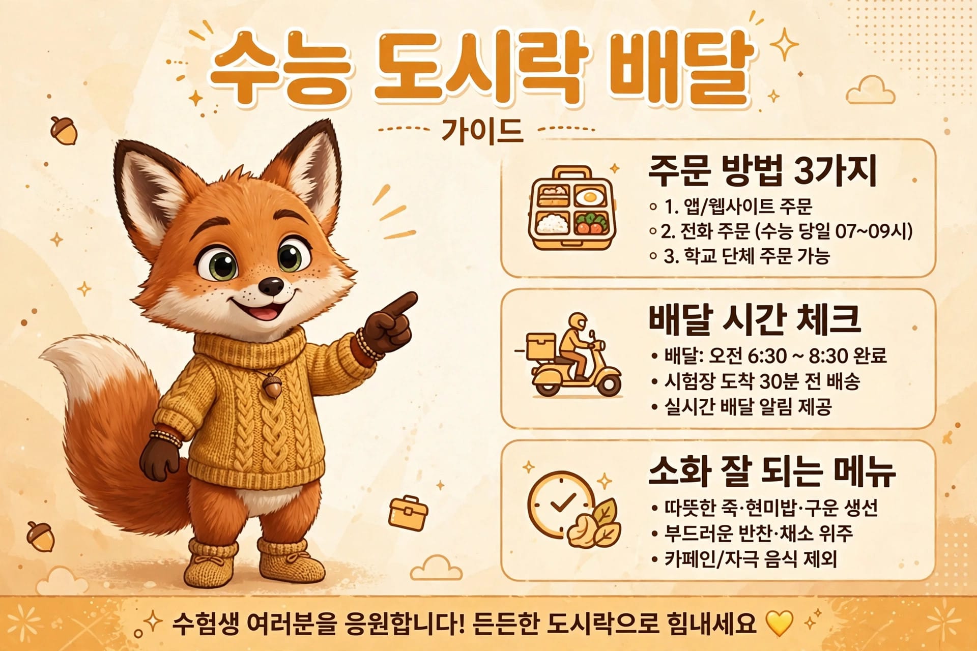 수능 도시락 배달 가이드 이미지, 귀여운 여우 캐릭터가 노란 스웨터를 입고 있으며, 주문 방법, 배달 시간 체크, 추천 메뉴 정보가 포함되어 있습니다. 수험생을 응원하는 메시지와 함께 도시락 배달 서비스에 대한 안내를 제공합니다.