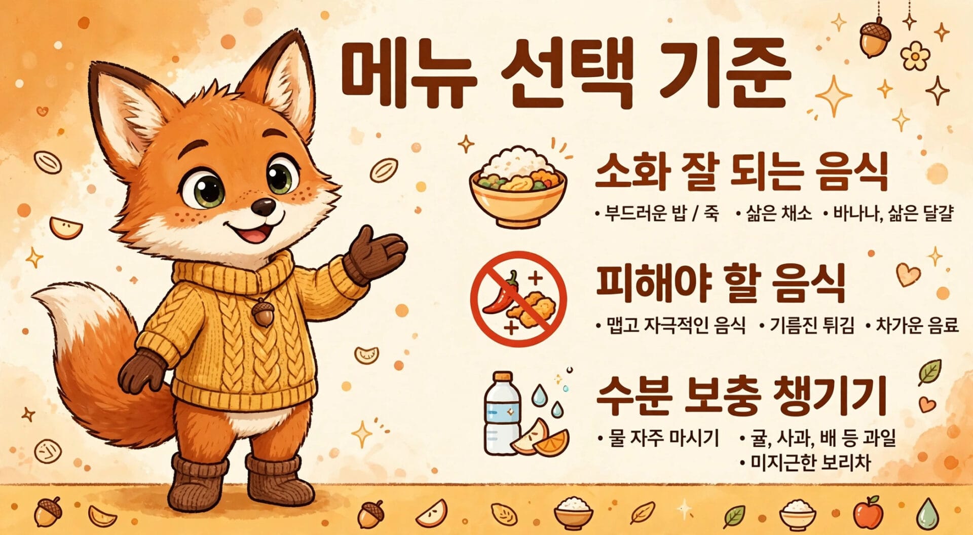 귀여운 여우 캐릭터가 등장하는 메뉴 선택 기준 이미지, 건강한 음식(부드러운 밥, 채소, 과일)과 피해야 할 음식(맵고 자극적인 음식) 및 수분 보충 방법(물과 과일) 안내.