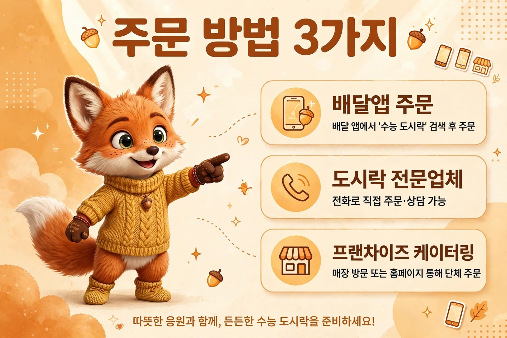 주문 방법을 안내하는 이미지로, 귀여운 여우 캐릭터가 등장하며 배달앱 주문, 전문업체 연락, 프랜차이즈 케이터링 옵션을 설명합니다.