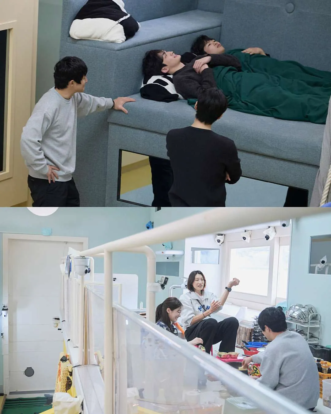 대환장 기안장 시즌2 9~10회에서 출연자들이 소파에 누워 있거나 대화하는 장면, 위쪽에는 누워 있는 두 사람과 아래쪽에는 대화하는 네 명의 출연자가 등장하여 프로그램의 분위기를 전달.