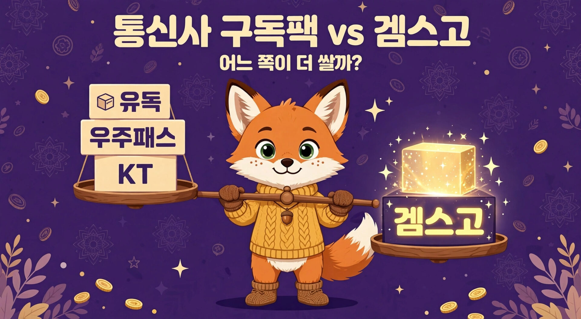 통신사 구독팩과 겜스고를 비교하는 이미지로, 귀여운 여우 캐릭터가 저울을 들고 있습니다. 왼쪽에는 유독 우주패스와 KT가, 오른쪽에는 겜스고가 표시되어 있습니다. 배경은 보라색으로 장식되어 있으며, 동전과 별이 흩어져 있습니다.