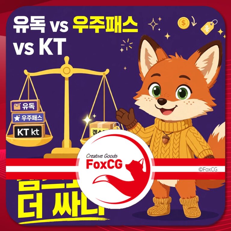 유독, 우주패스, KT의 비교를 나타내는 이미지로, 균형 저울과 귀여운 여우 캐릭터가 포함되어 있습니다. 소비자에게 선택지를 제공하는 내용을 강조합니다.
