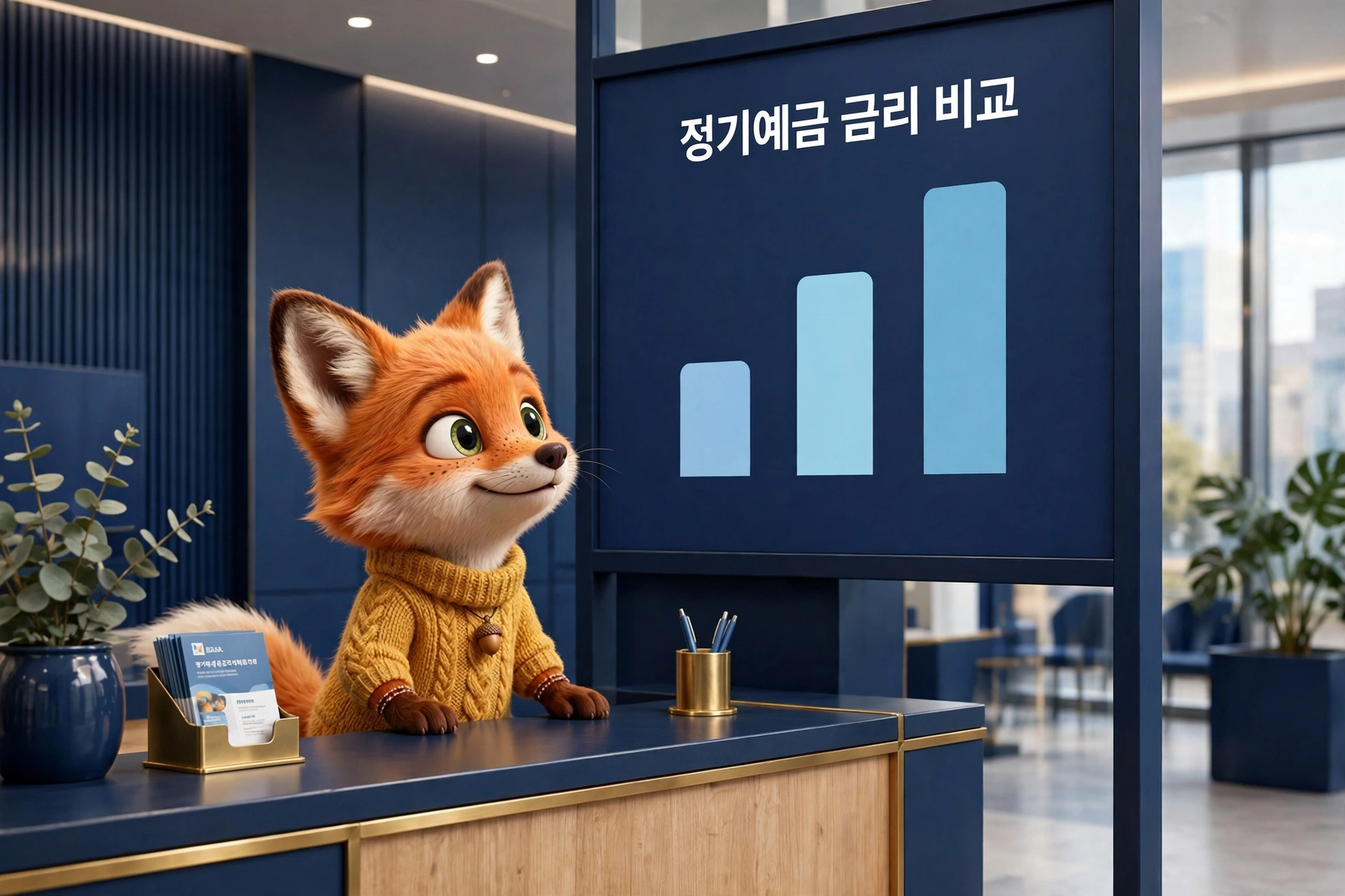 은행 창구에서 정기예금 금리 비교 차트를 보는 여우 캐릭터