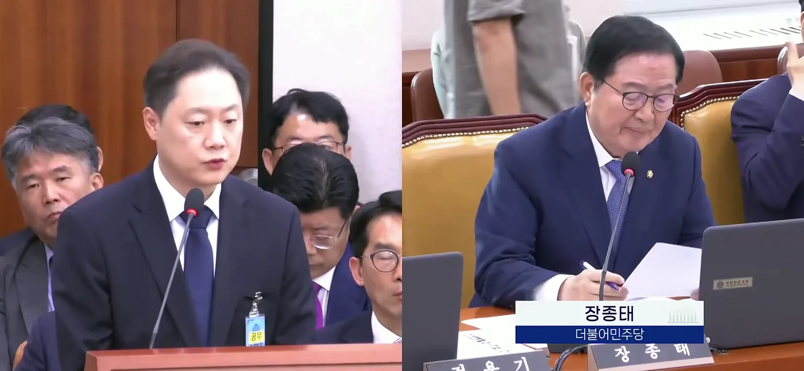 국정감사장에서 발언하는 테슬라코리아 대표와 장종태 의원 분할 화면
