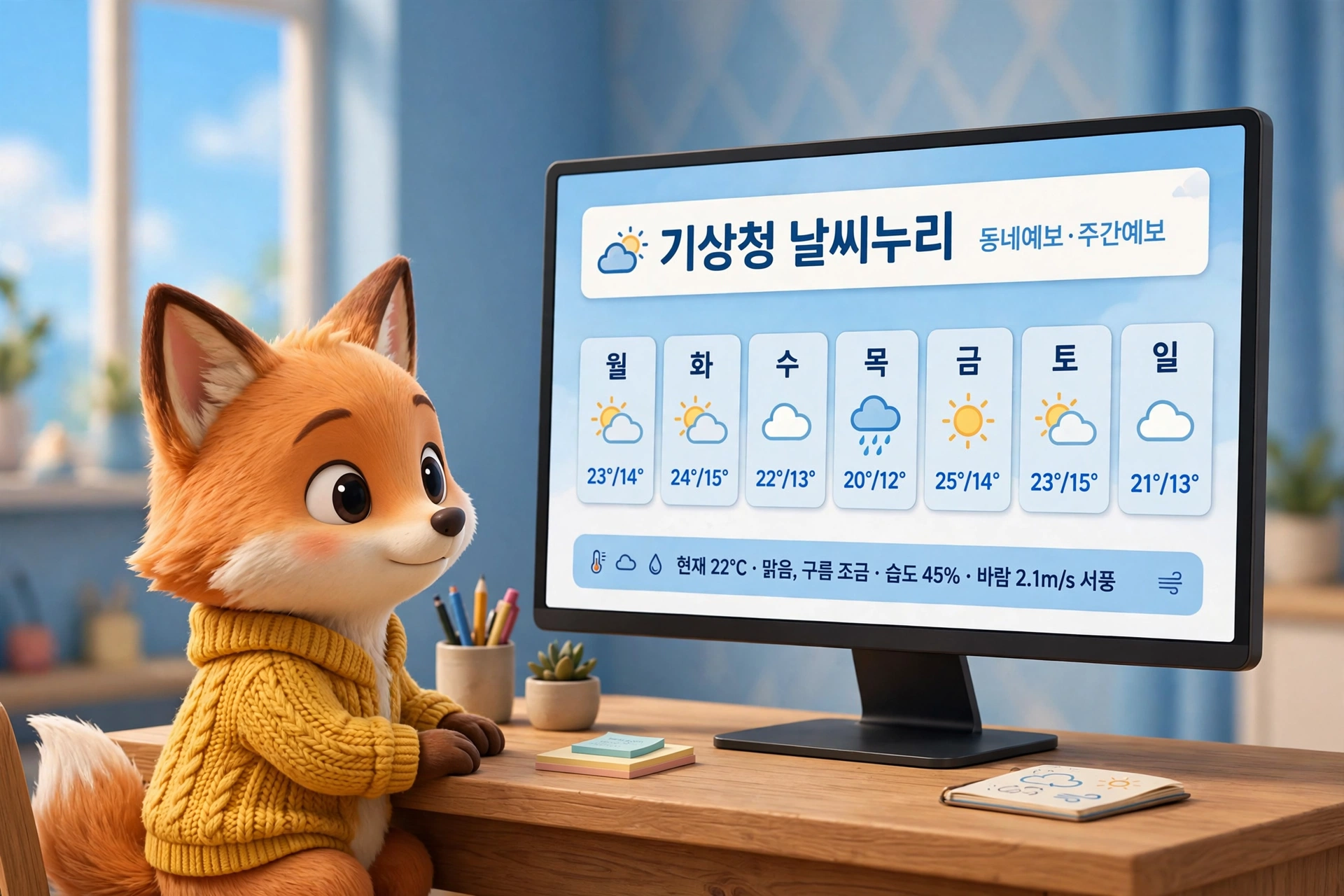 기상청 날씨누리 동네예보 주간예보 화면을 보는 여우