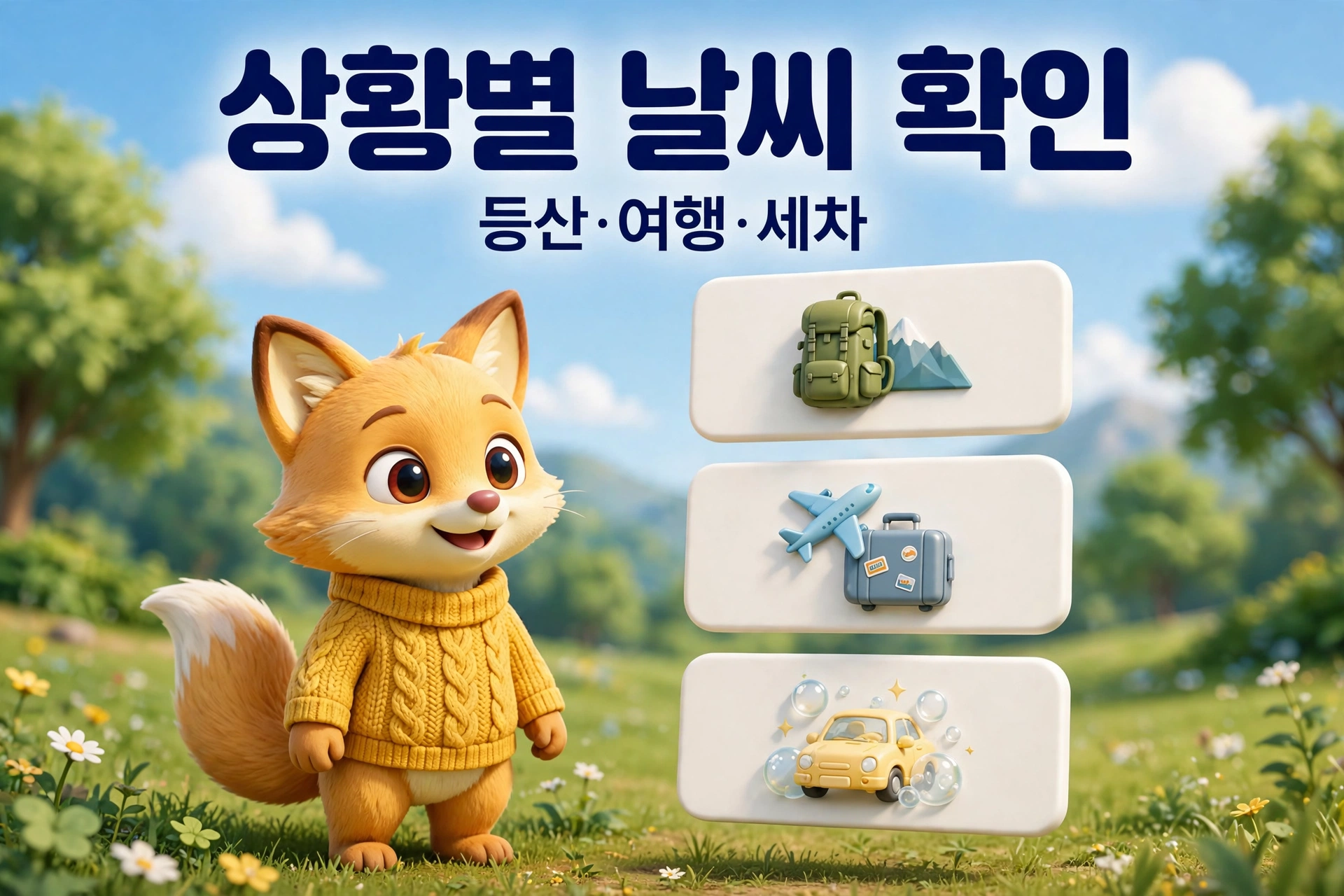 상황별 날씨 확인 등산 여행 세차 안내 여우