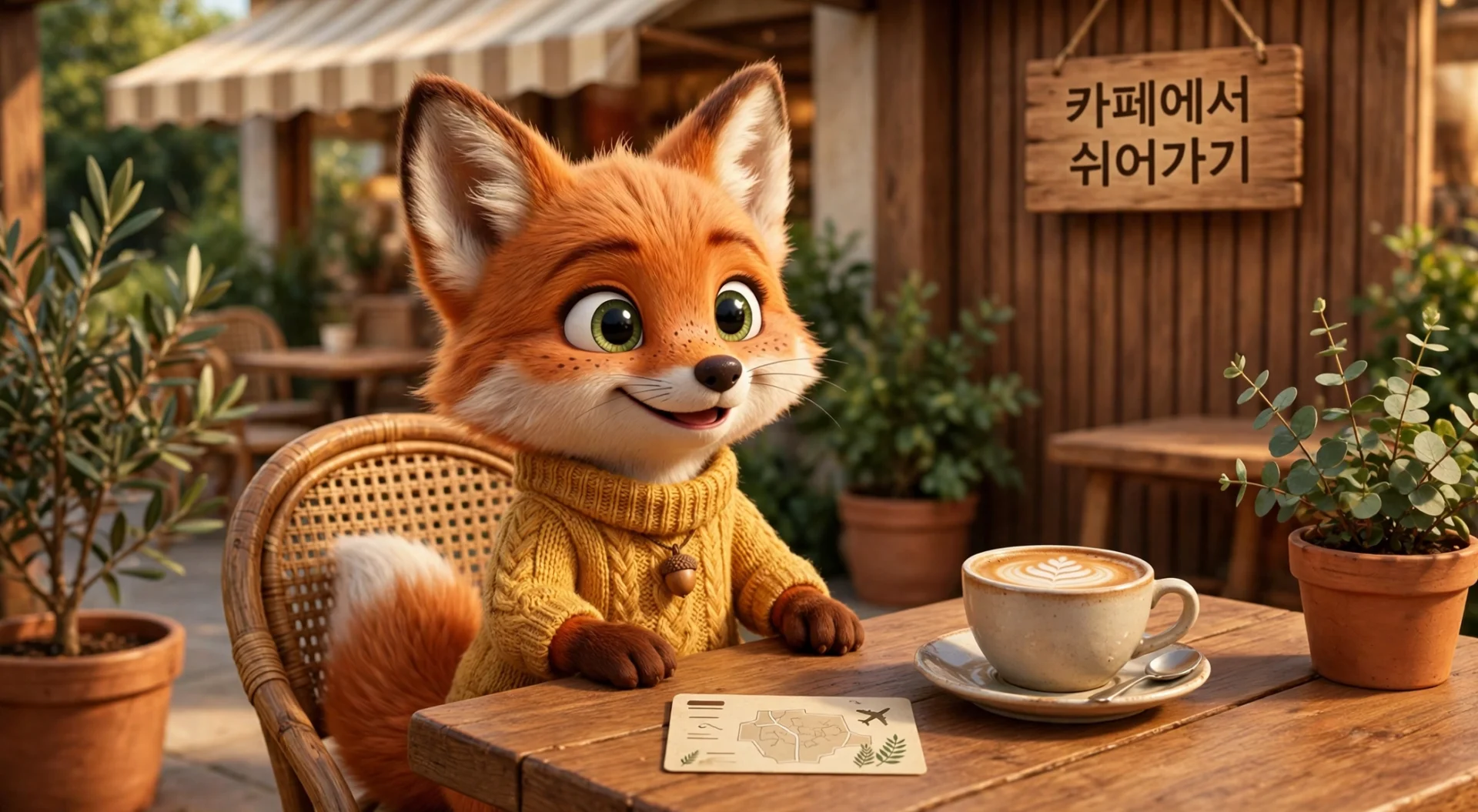 카페 테라스에서 커피를 즐기는 여우 캐릭터 일러스트