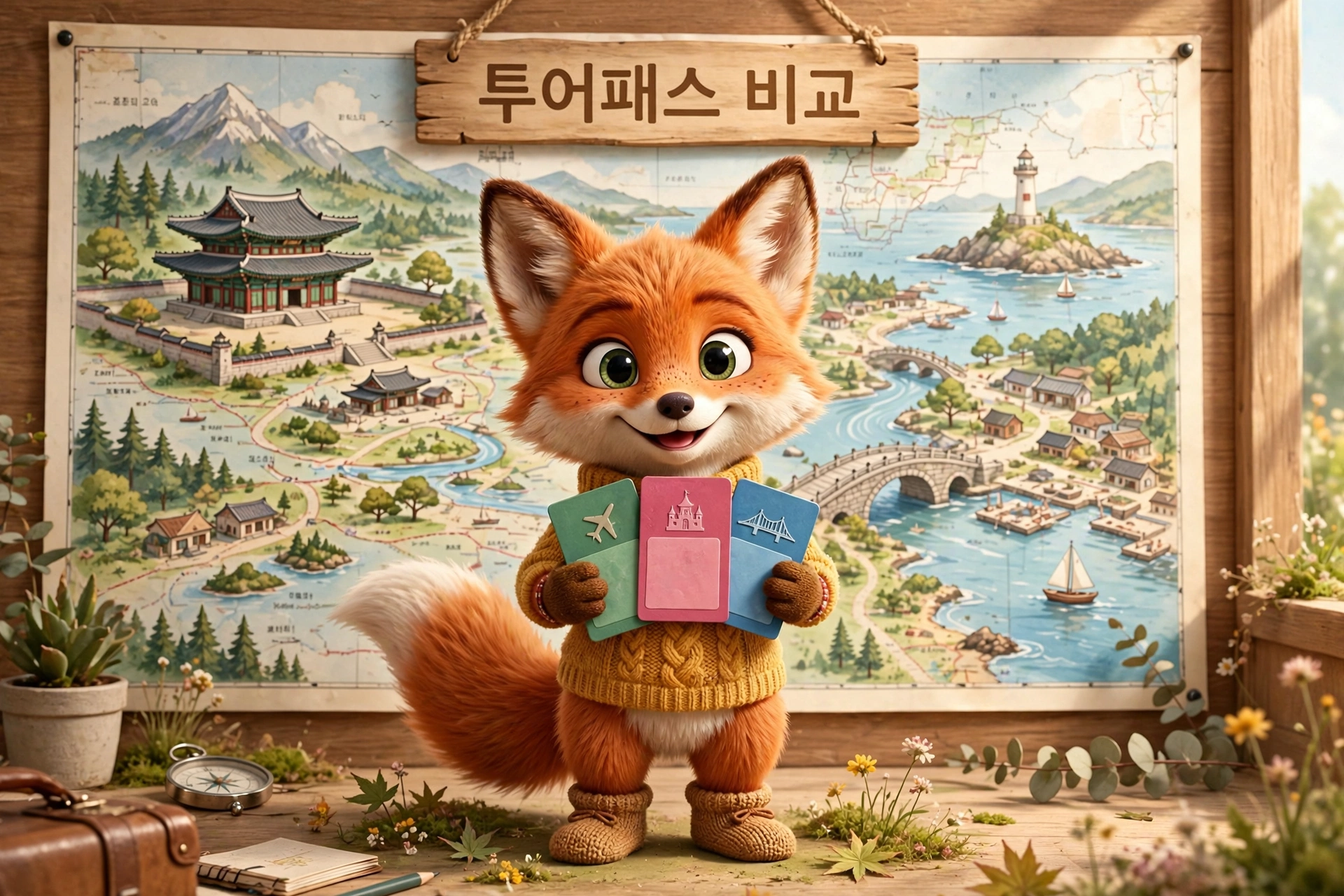 세 장의 투어패스 카드를 비교하는 여우 캐릭터 일러스트