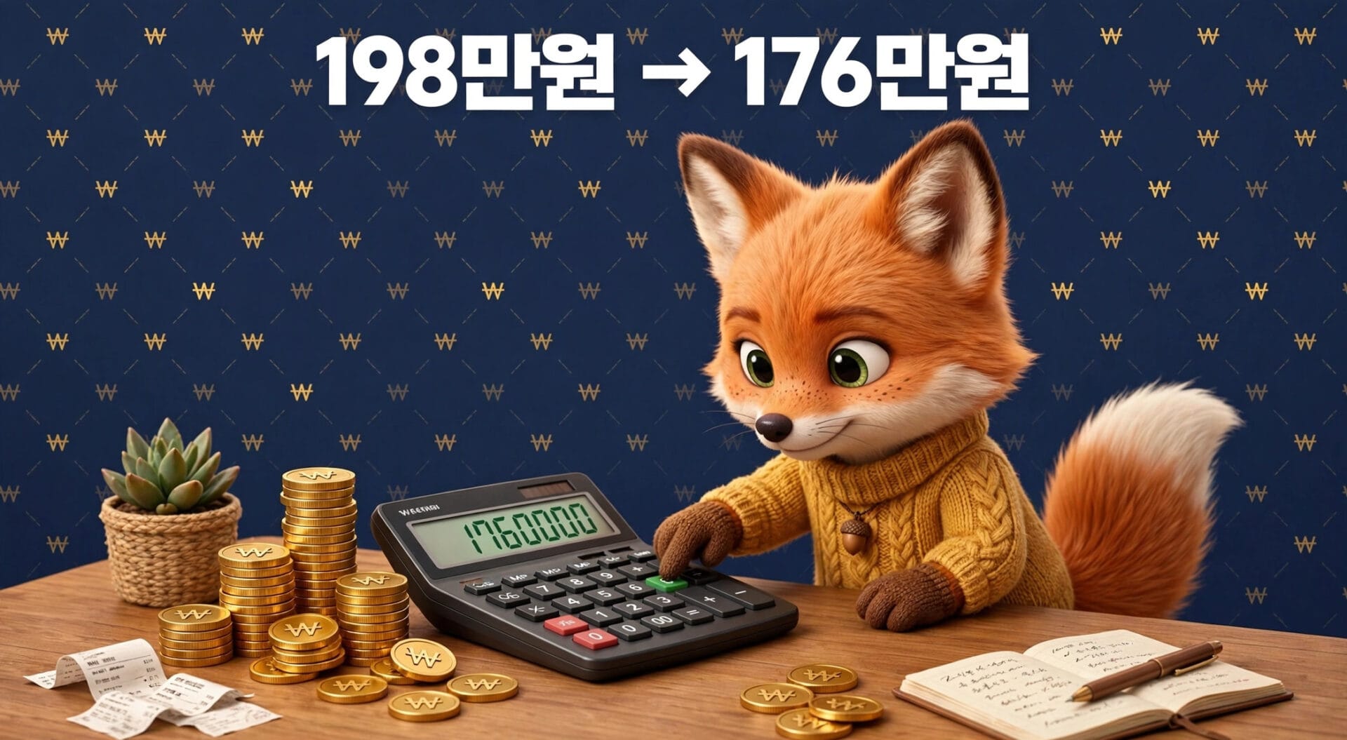 귀여운 여우가 계산기를 사용하여 198만원에서 176만원으로의 변화를 계산하고 있는 모습. 배경에는 금색 동전과 식물이 있으며, 계산기 화면에는 1760000원이 표시되어 있음.