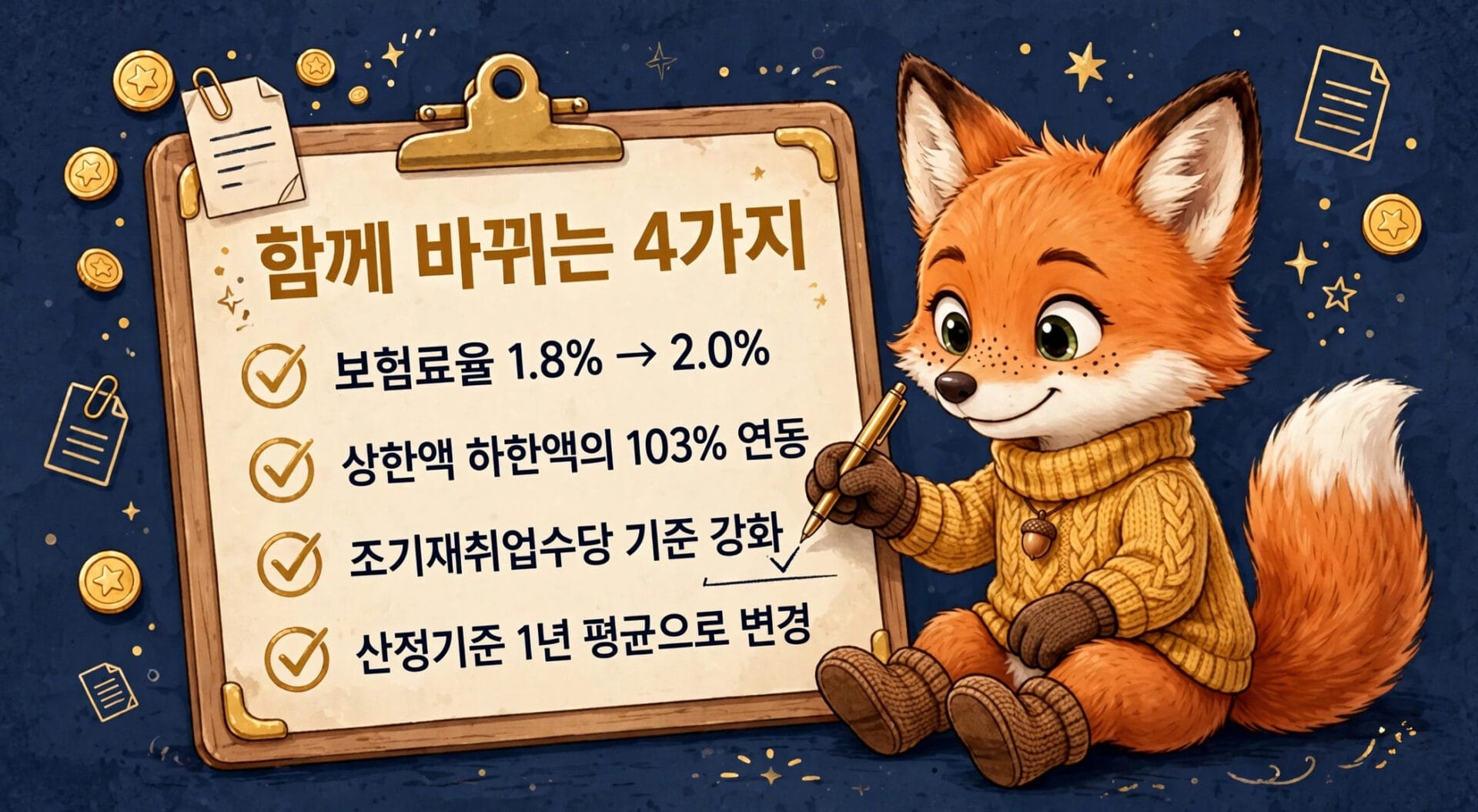 보험료 인상, 상한액 연동, 조기 재취업수당 기준 강화, 산정기준 변경을 설명하는 귀여운 여우 캐릭터가 있는 이미지.