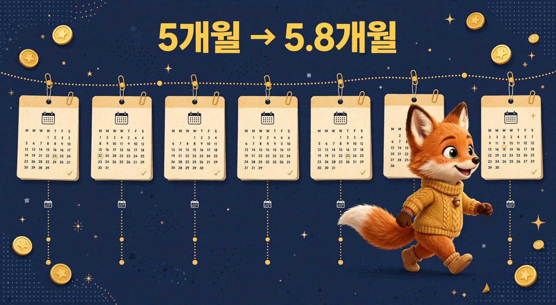 5월에서 5.8월로의 변화를 나타내는 달력 이미지와 귀여운 여우 캐릭터가 포함된 그래픽. 달력이 줄에 걸려 있고, 배경에 별과 동전 장식이 있는 디자인.