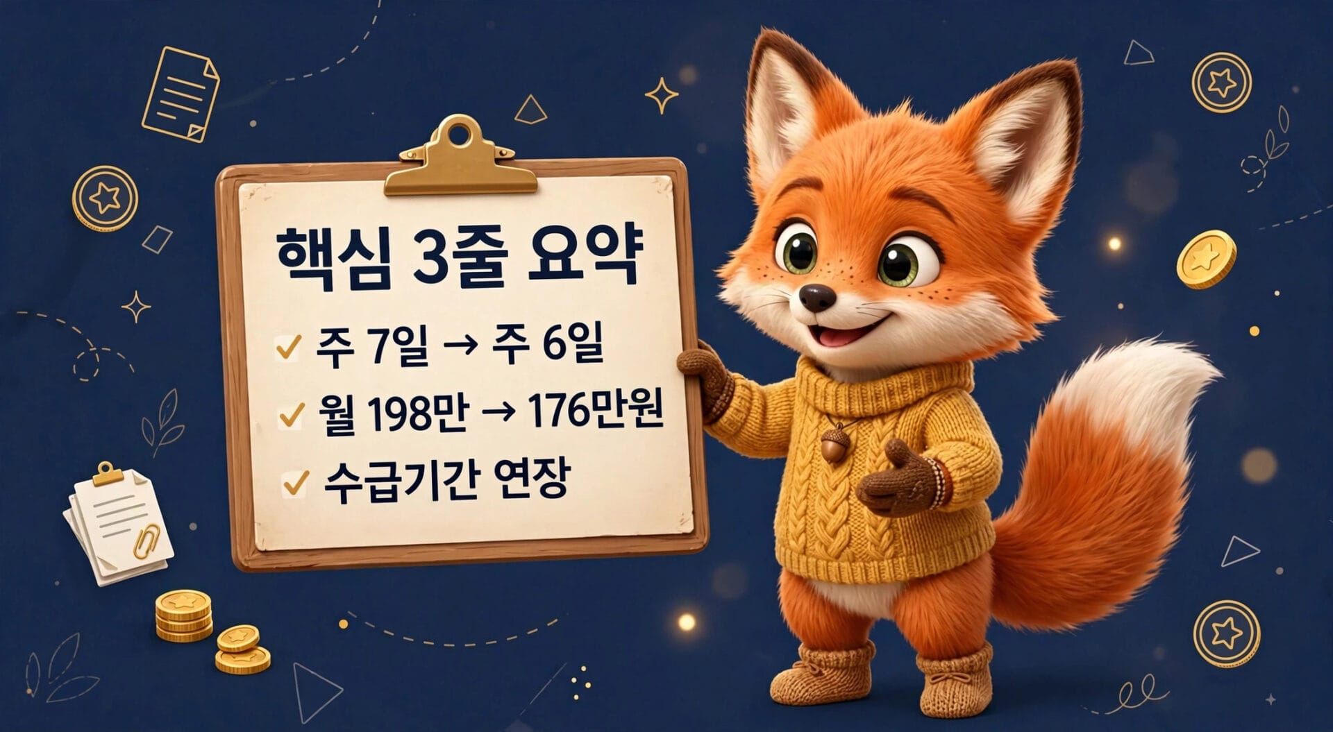 귀여운 여우 캐릭터가 "핵심 3줄 요약"이라는 제목 아래 주 7일에서 주 6일로 변경, 월 198만원에서 176만원으로 조정된 내용을 설명하는 이미지. 수급 기간 연장 관련 정보도 포함되어 있음. 배경은 어두운 파란색으로 장식된 금화와 그래픽 요소가 있음.