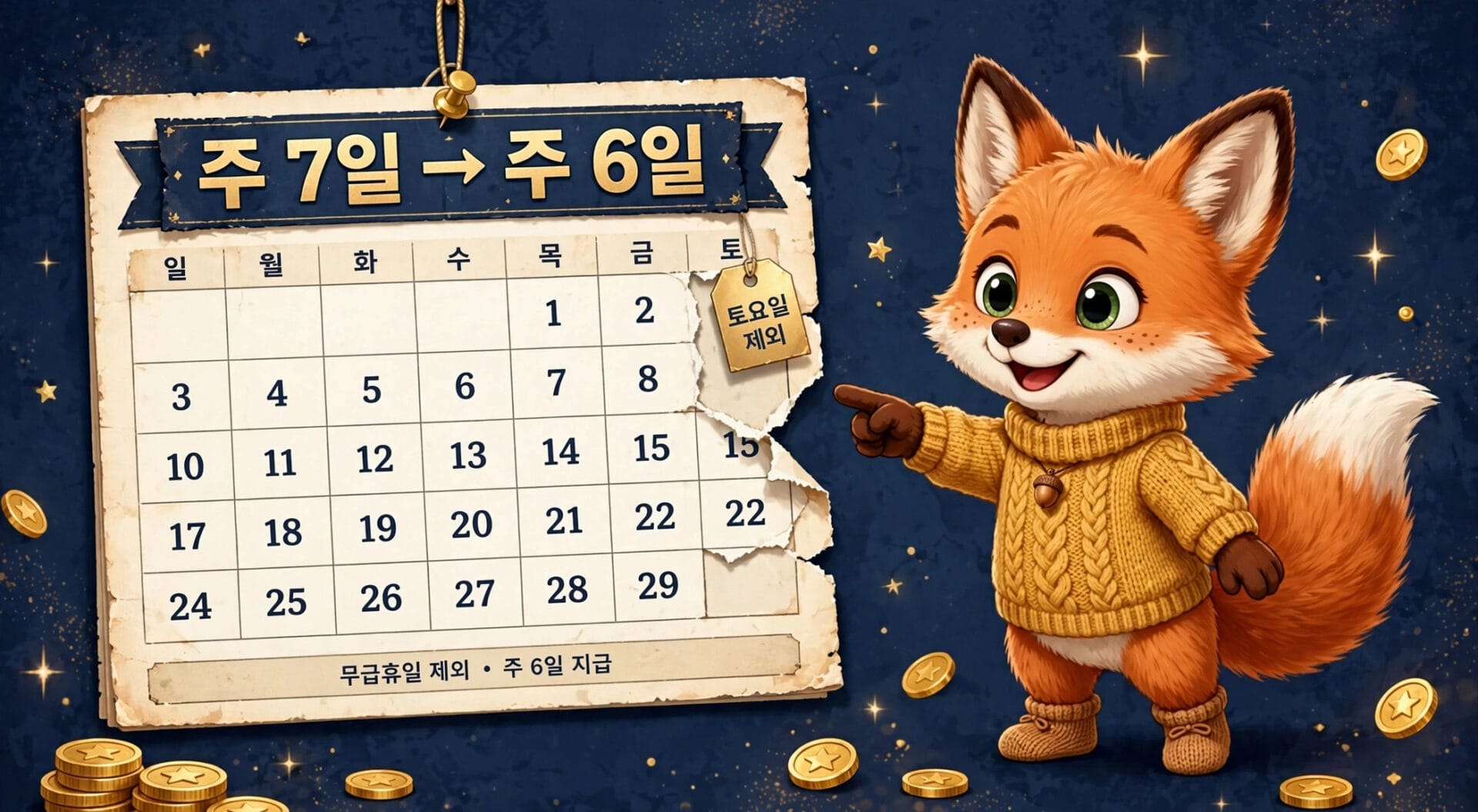 주 6일로 변경된 달력과 귀여운 여우 캐릭터가 있는 이미지, 주말 제안과 함께 금화가 배경에 배치되어 있음.