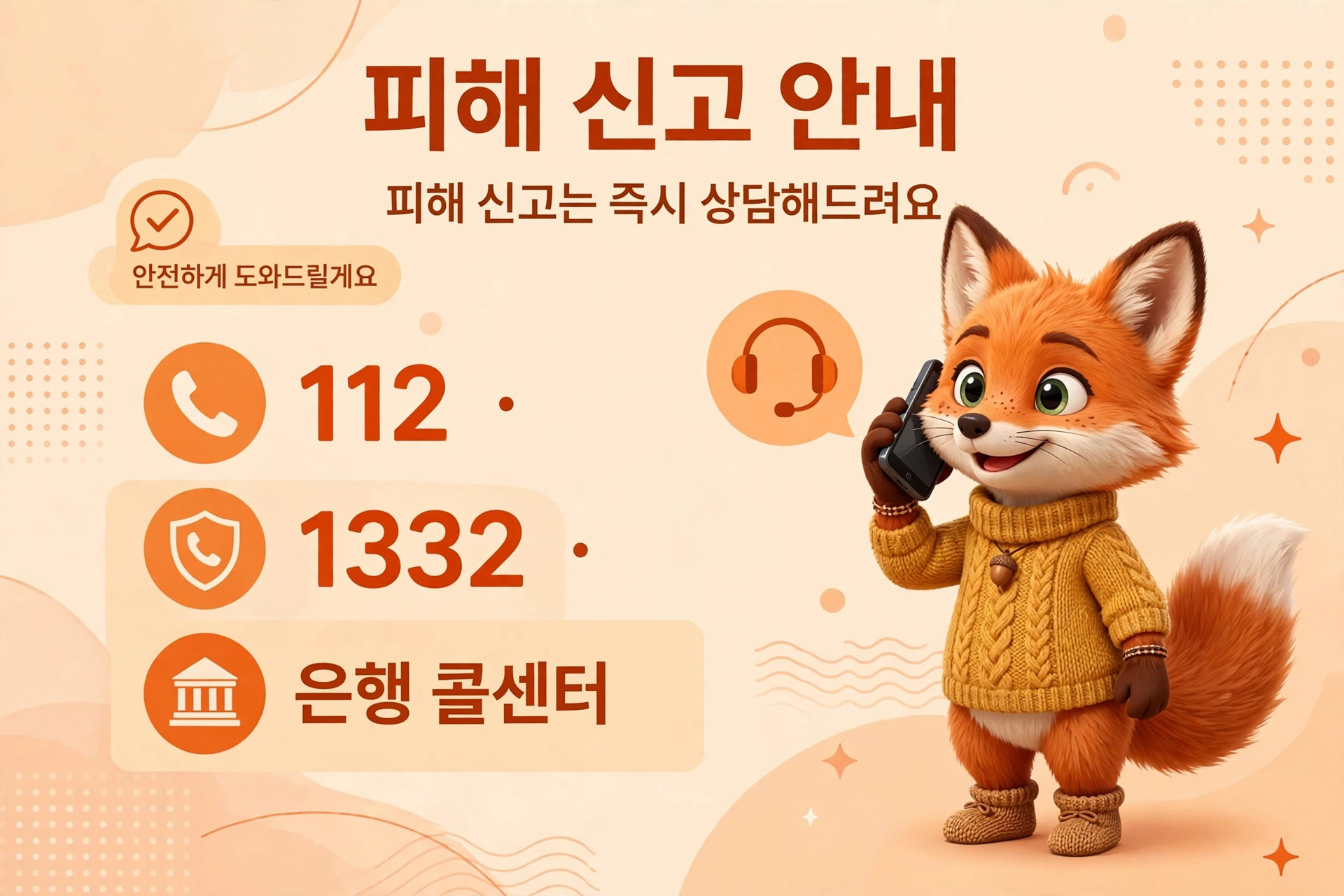 피해 신고 안내 이미지로, 전화번호 112와 1332가 강조되어 있으며, 귀여운 여우 캐릭터가 전화를 하고 있는 모습이 포함되어 있습니다. 긴급 상담 및 지원을 위한 정보 제공.
