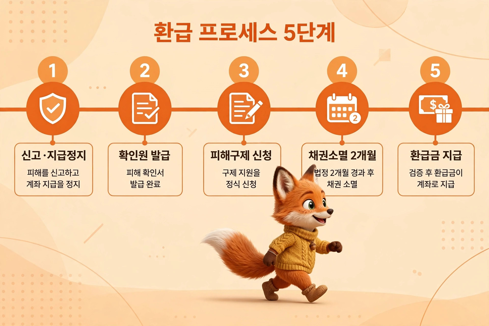 환급 프로세스 5단계 안내 이미지, 각 단계별 설명: 1단계는 신고 및 지급 정지, 2단계는 확인원 발급, 3단계는 피해구제 신청, 4단계는 채권소멸 2개월, 5단계는 환급금 지급. 귀여운 여우 캐릭터가 나타나며, 전체적인 디자인은 따뜻한 색상으로 구성됨.
