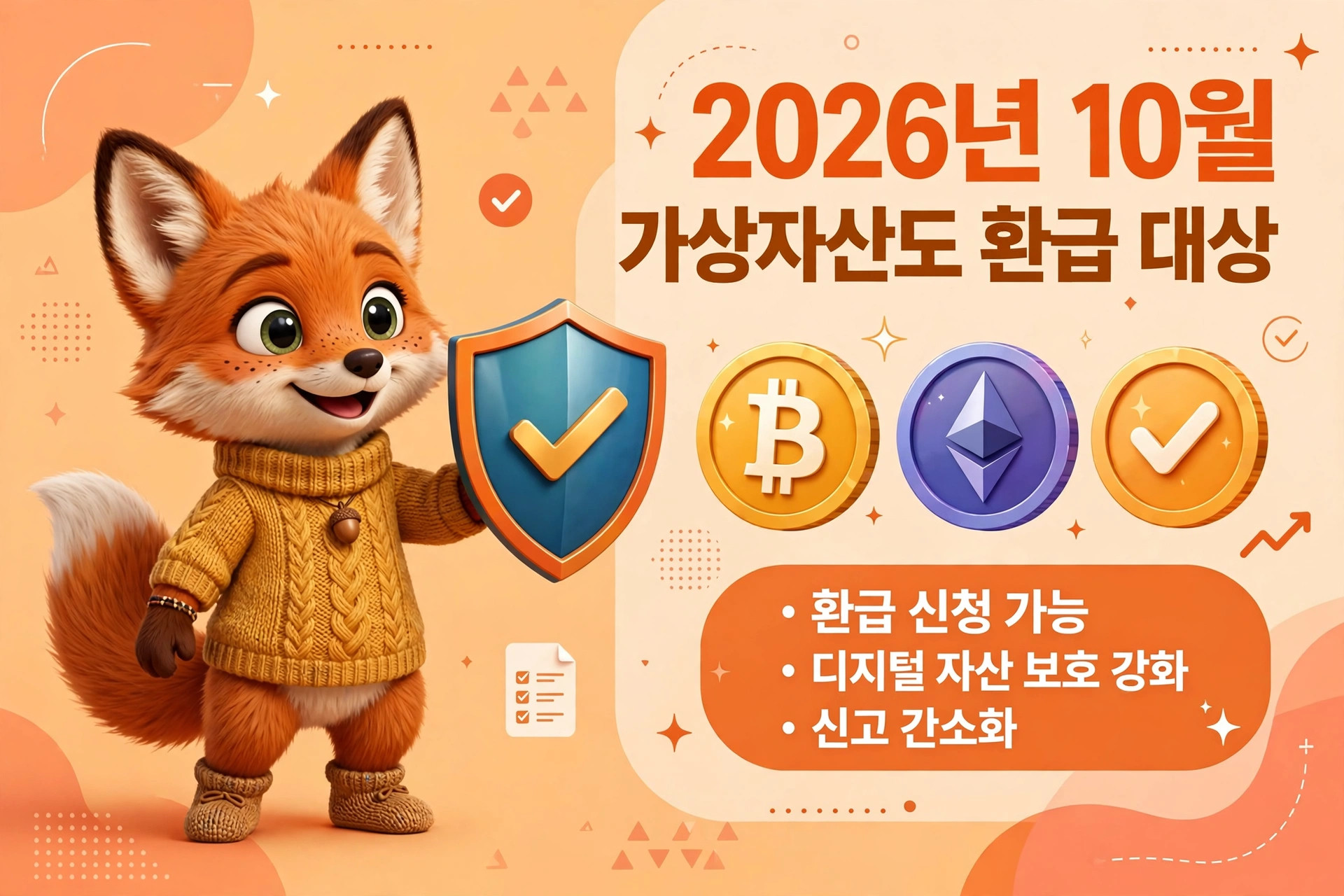 2026년 10월 가상자산 환급 안내 이미지, 귀여운 여우 캐릭터가 방패와 함께 디지털 자산 보호 및 환급 신청 가능성을 강조하고 있음. 비트코인과 이더리움 아이콘 포함.