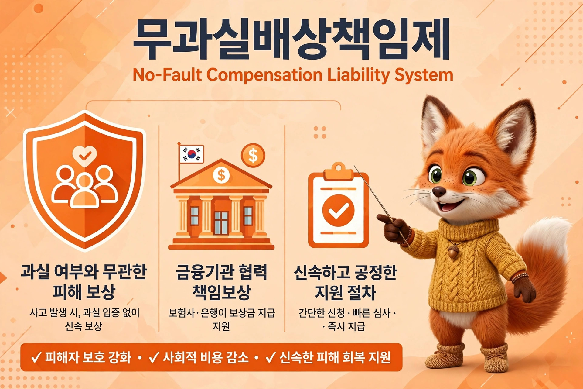 무과실배상책임제에 대한 정보가 담긴 이미지로, 사고 발생 시 피해 보상, 금융기관의 책임 보상, 신속하고 공정한 지원 절차를 설명하고 있습니다. 이미지에는 귀여운 여우 캐릭터가 등장하며, 각 항목에 대한 간단한 설명이 포함되어 있습니다.