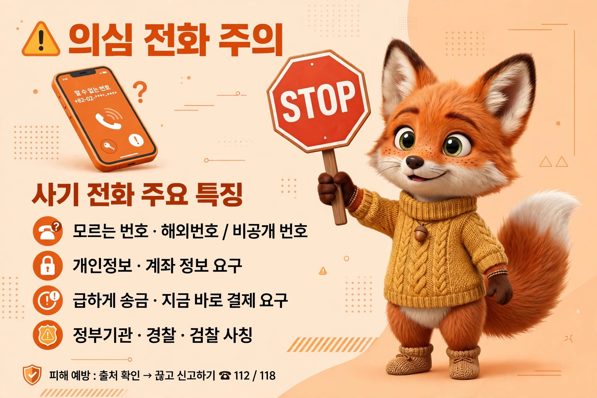 의심 전화 주의 안내 이미지, 사기 전화 주요 특징 설명. 모르는 번호 및 개인 정보 요구 경고. 정부 기관 및 경찰에 신고 방법 안내.