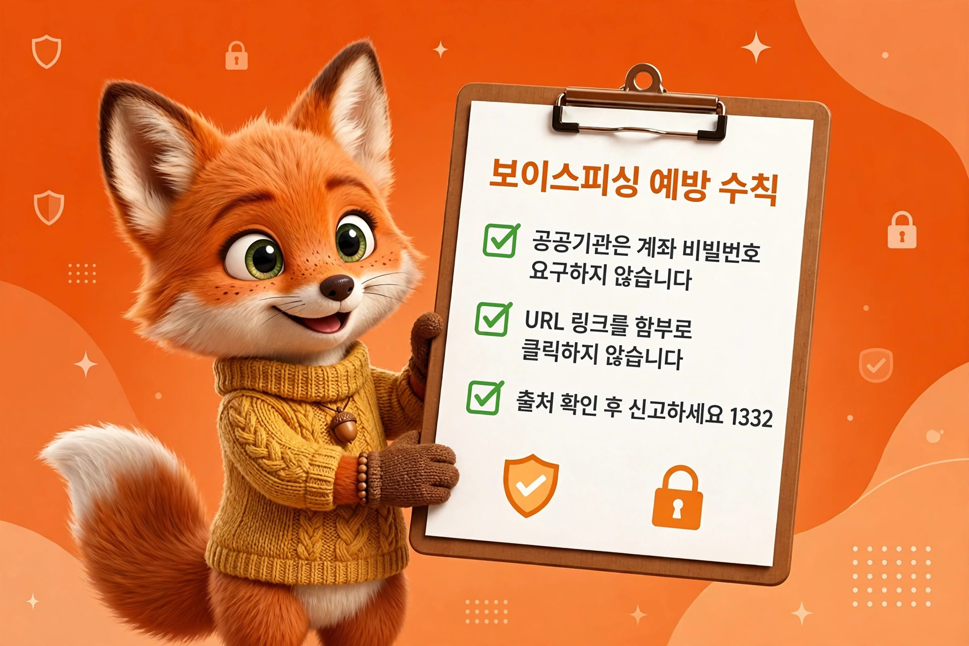 귀여운 여우가 보이스피싱 예방 수칙을 설명하는 이미지로, 체크리스트에는 공공기관의 계좌 비밀번호 요구, URL 링크 클릭 주의, 출처 확인 후 신고하라는 내용이 포함되어 있습니다. 배경은 주황색으로 보안 아이콘이 디자인되어 있습니다.