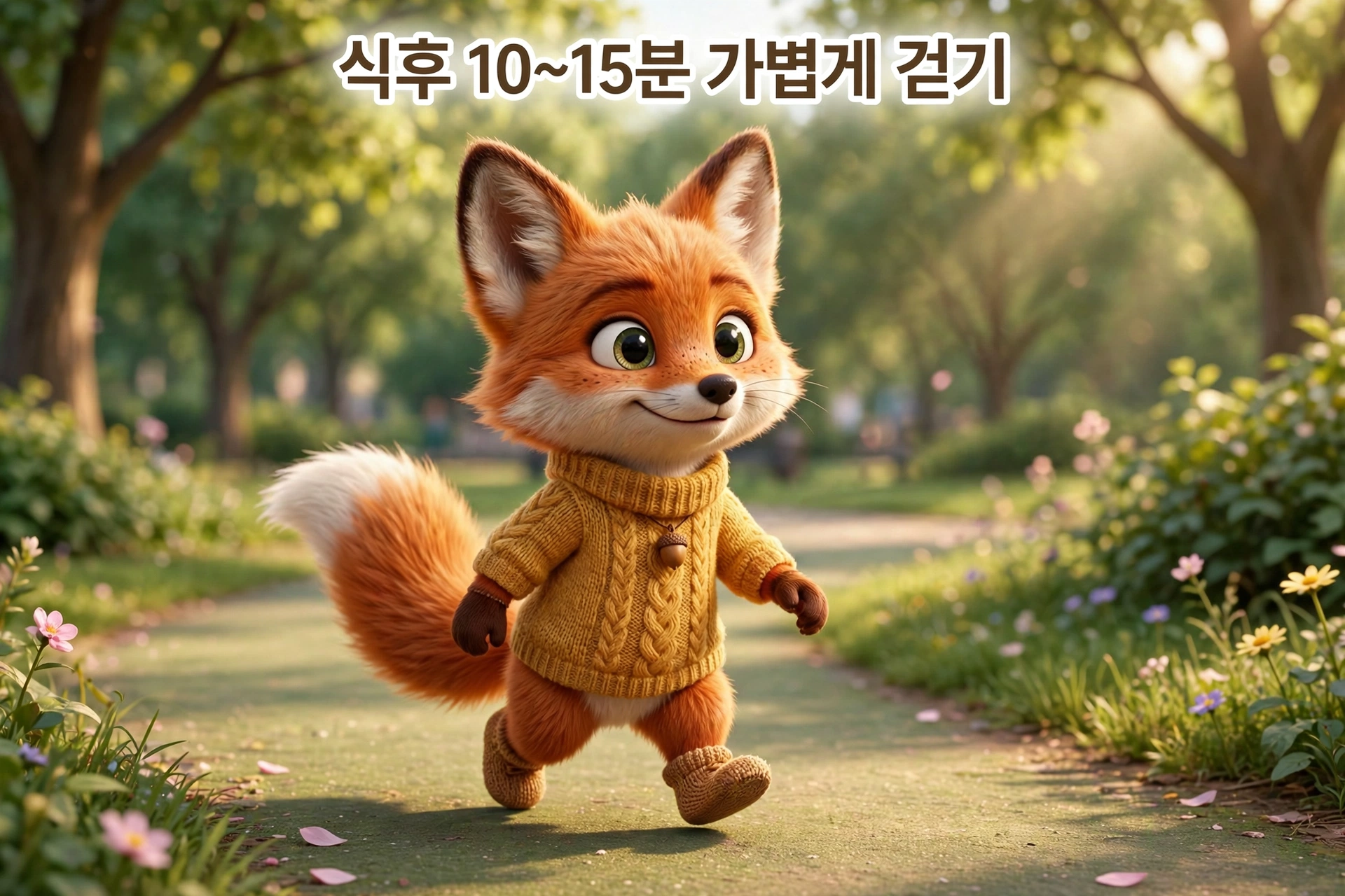 식후 10~15분 가볍게 걷기 — 여우 캐릭터가 공원을 산책하는 장면