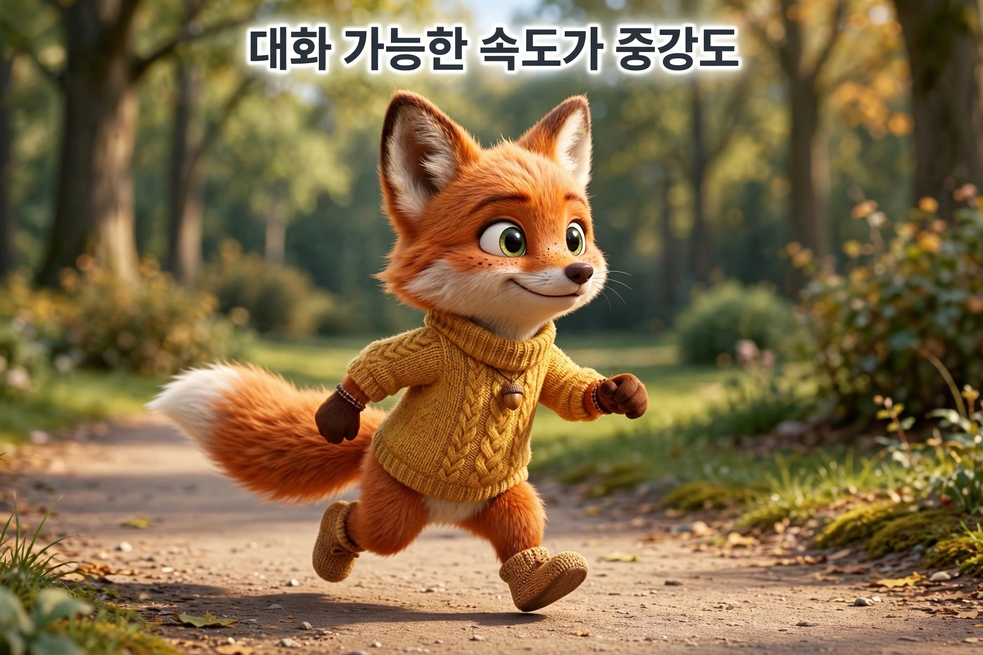 대화 가능한 속도가 중강도 — 여우 캐릭터가 바른 자세로 걷는 장면