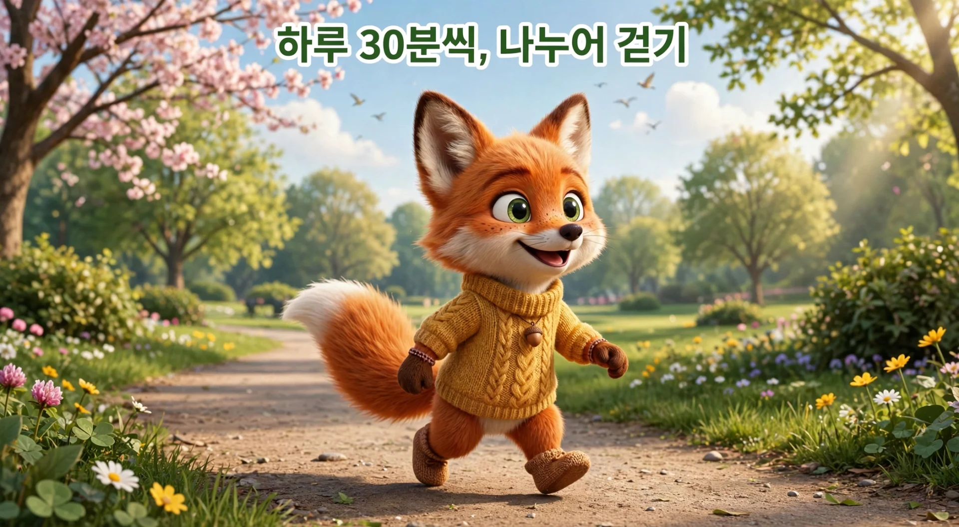 하루 30분씩 나누어 걷기 — 여우 캐릭터가 아침 공원을 산책하는 장면