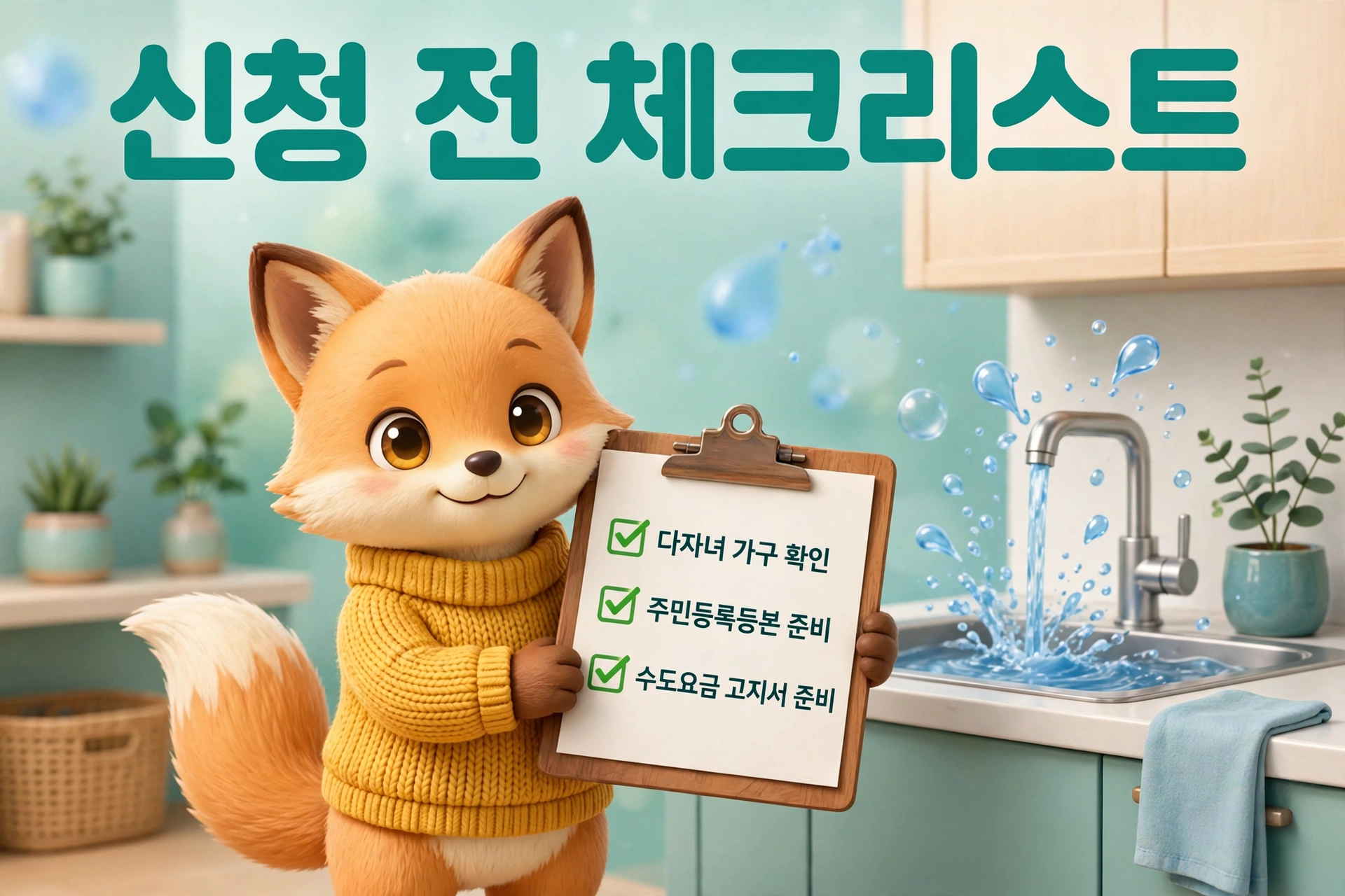 수도요금 다자녀 감면 신청 전 체크리스트를 든 여우 캐릭터