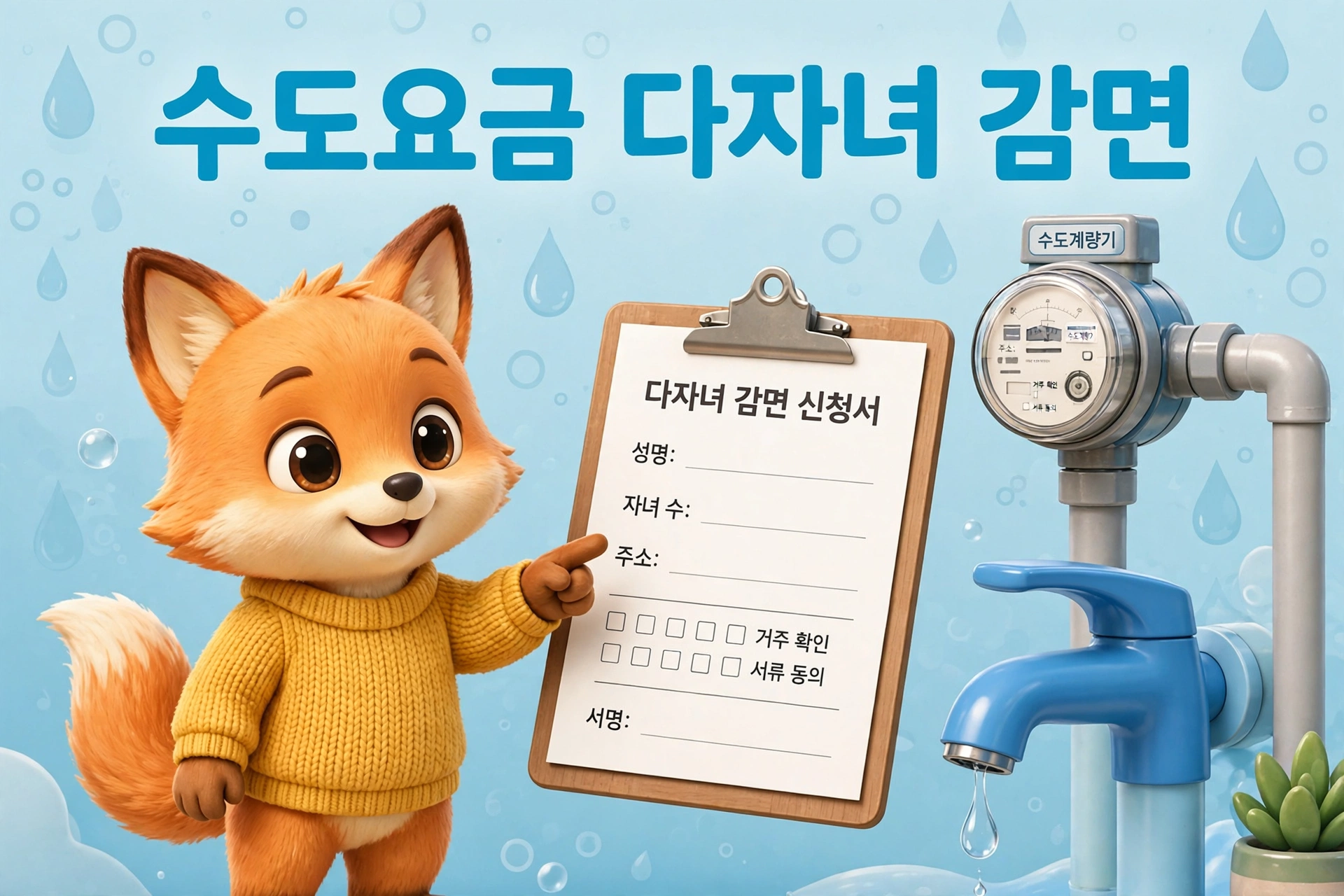 수도요금 다자녀 감면 신청서를 안내하는 여우 캐릭터와 수도계량기