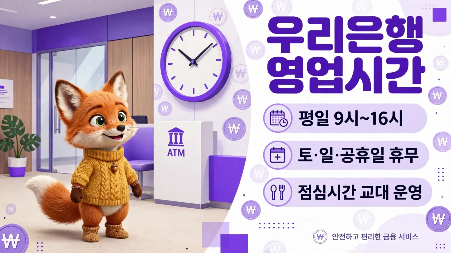 우리은행 영업시간 안내 — 평일 9시부터 16시까지, 토·일·공휴일 휴무, 점심시간 교대 운영