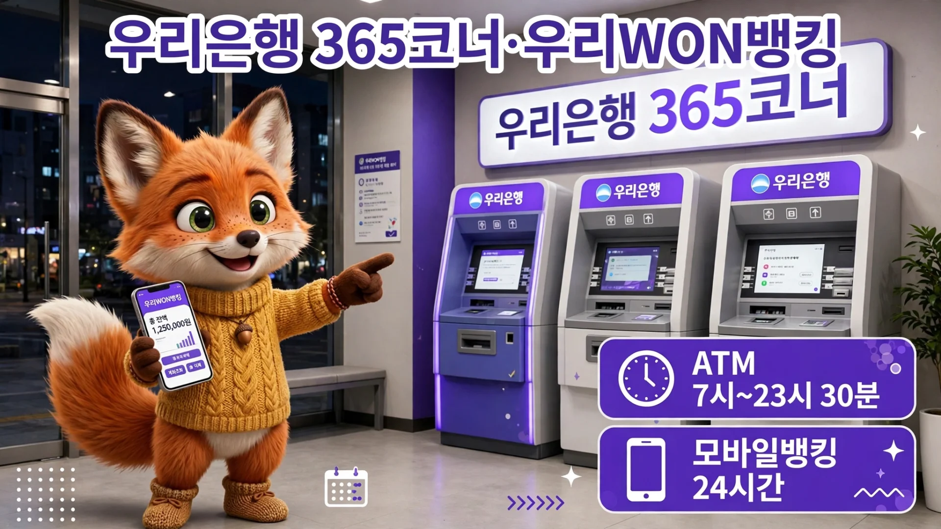 우리은행 365코너 · 우리WON뱅킹 — 지점·ATM 찾기, ATM 7시~23시 30분, 모바일뱅킹 24시간