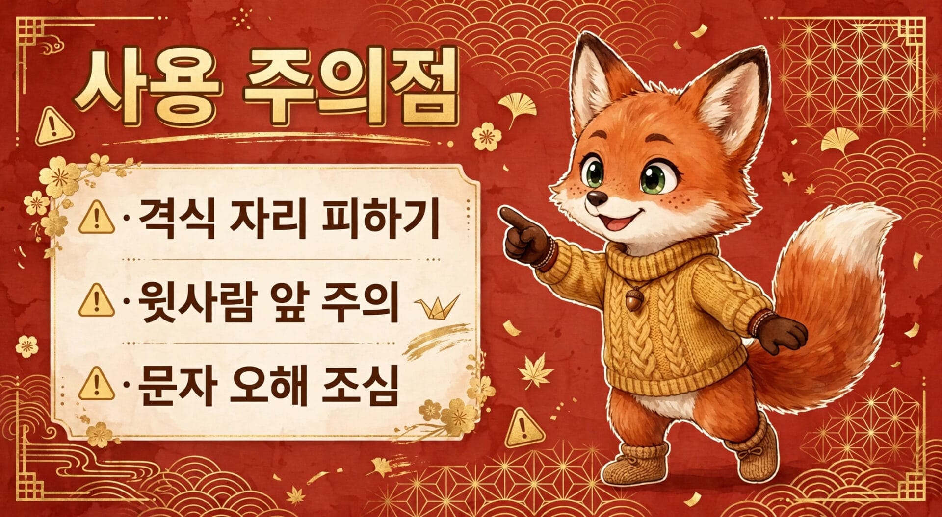 귀여운 여우 캐릭터가 경고 아이콘과 함께 "사용 주의점"이라는 제목 아래 세 가지 주의사항을 안내하는 이미지. 주의사항은 격식 자리 피하기, 웬사람 앞 주의, 문자 오해 조심으로 구성되어 있음. 배경은 전통적인 패턴과 꽃 장식으로 꾸며져 있음.