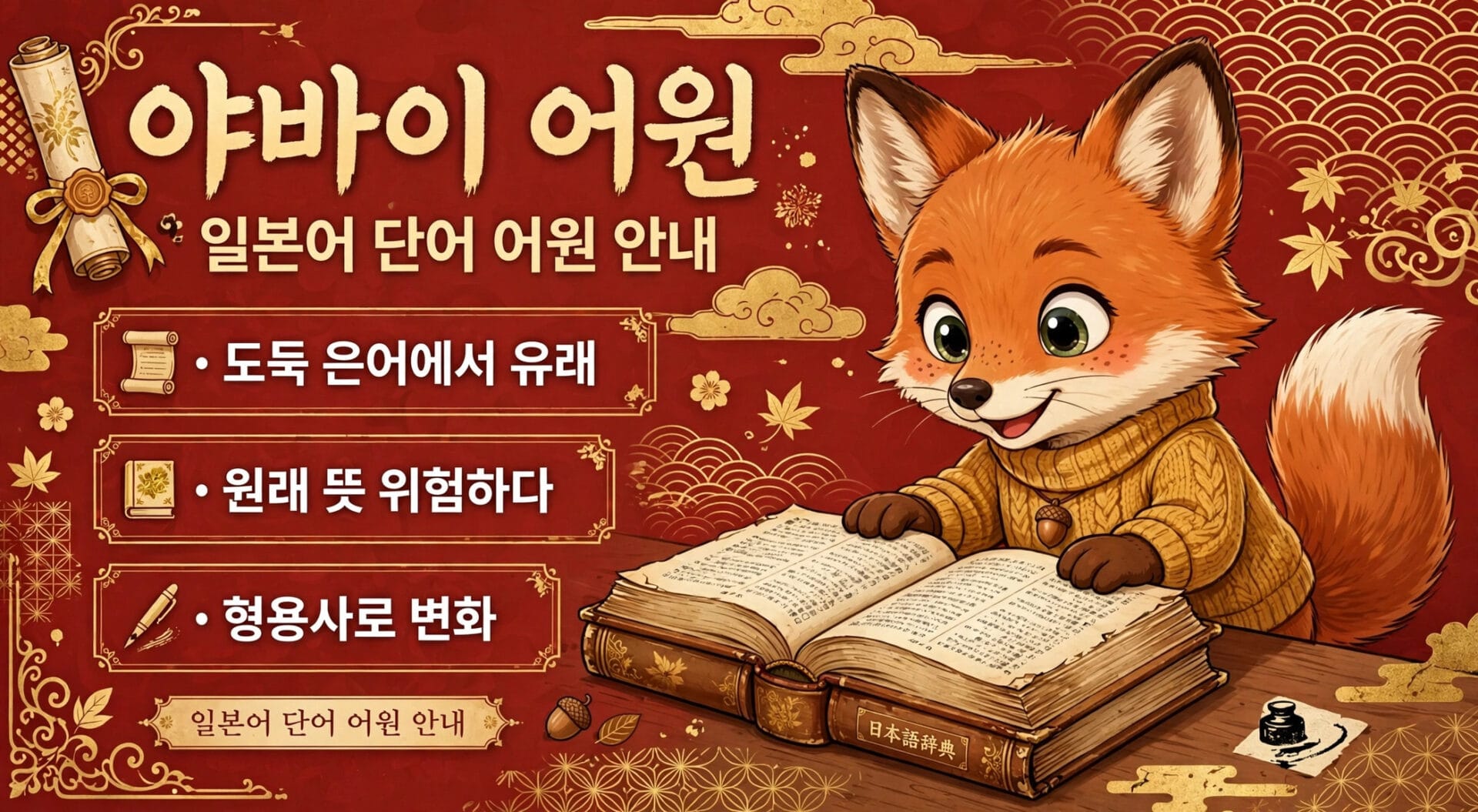 일본어 단어 학습을 위한 안내 이미지, 귀여운 여우 캐릭터가 책을 읽고 있는 모습과 함께 일본어 학습 자료의 특징을 소개.