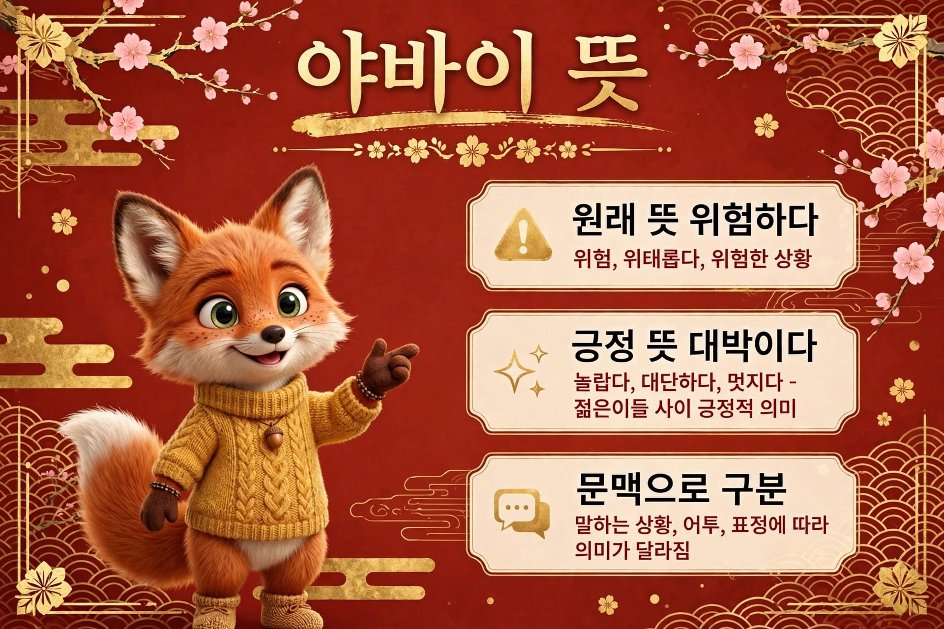 귀여운 여우 캐릭터가 노란 스웨터를 입고 손을 흔들며 웃고 있는 이미지, 배경은 붉은색과 금색 장식으로 꾸며져 있으며, 다양한 문구가 포함되어 있습니다.